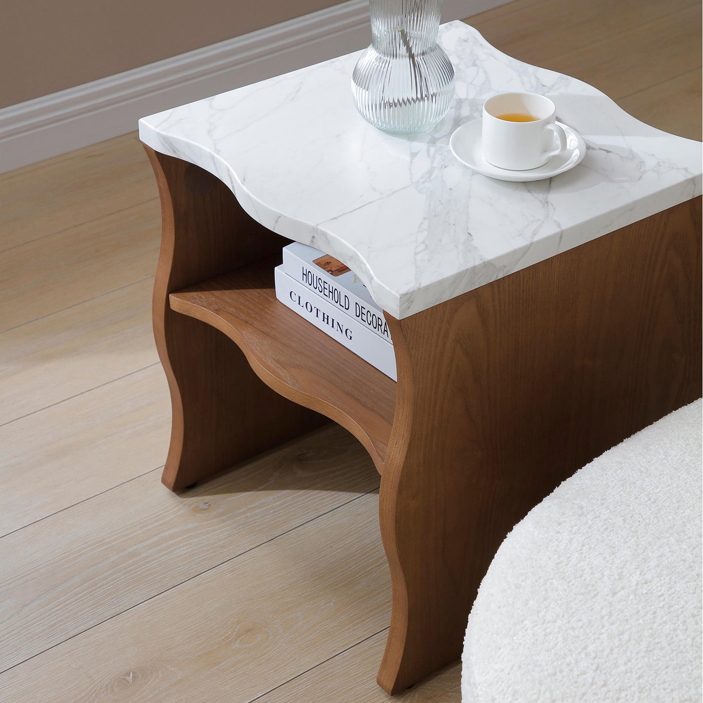 Modern Faux Marble Coffee Table  End Table Set | White Marble Top, Solid Wood Veneered Base – Flowing Wave Design, Natural/Walnut