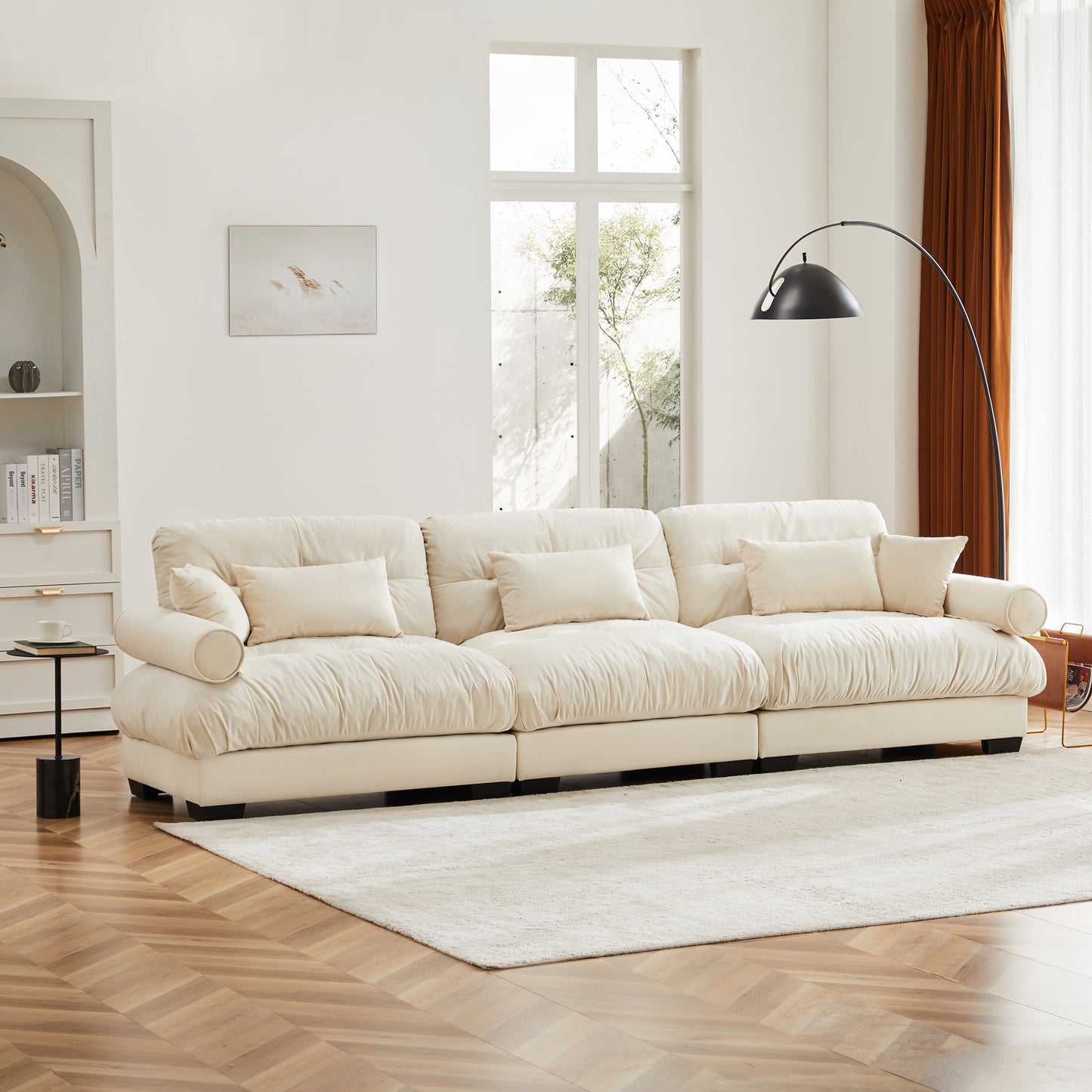 Deep Seat Cloud Couch in Cream: Modular Velvet Sectional with Bolstered Armrests 2-3-4 seats