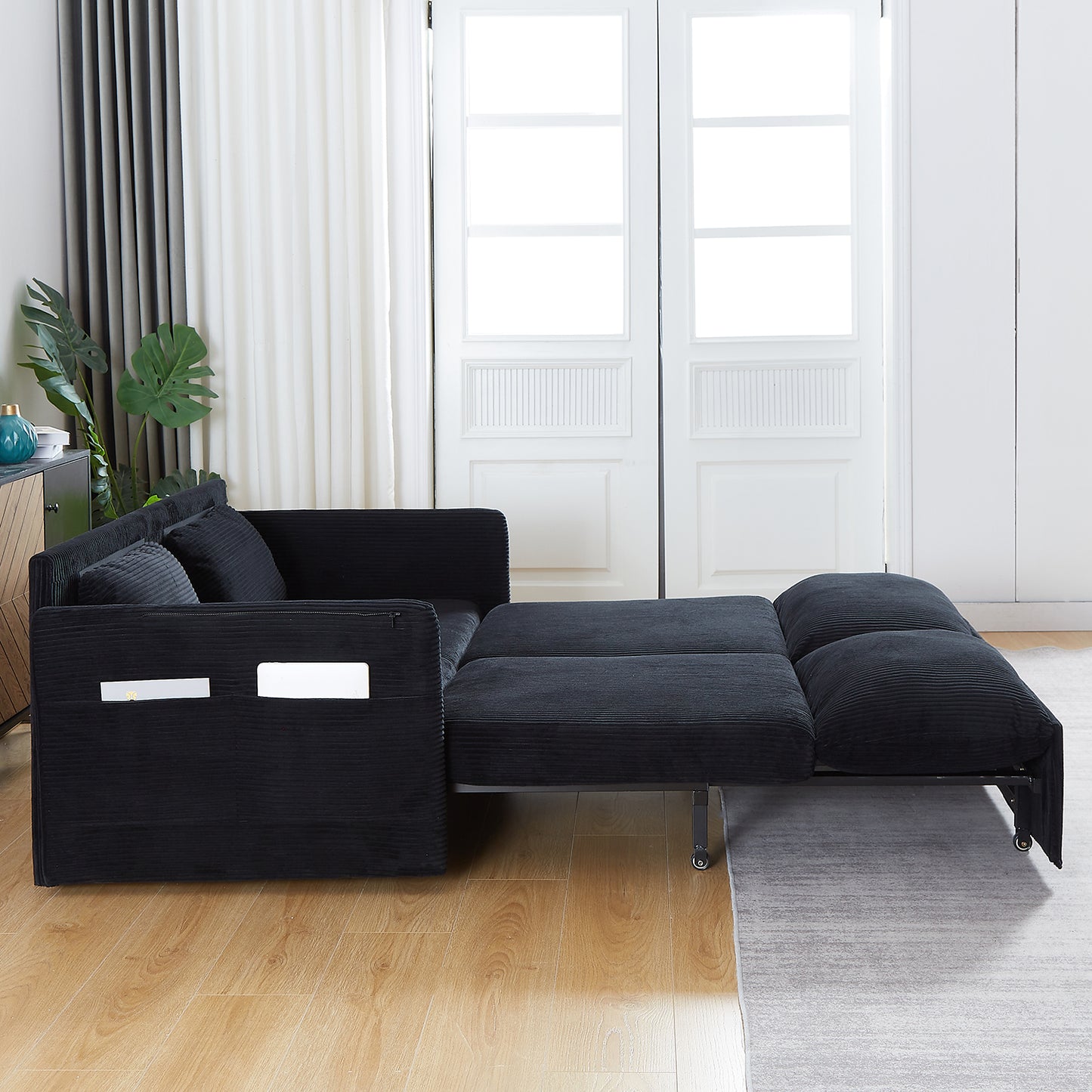 Sleeper Sofa Bed 3-in-1 Adjustable Sleeper with Pullout Bed, 2 Pillows and Side Pockets – Corduroy Loveseat