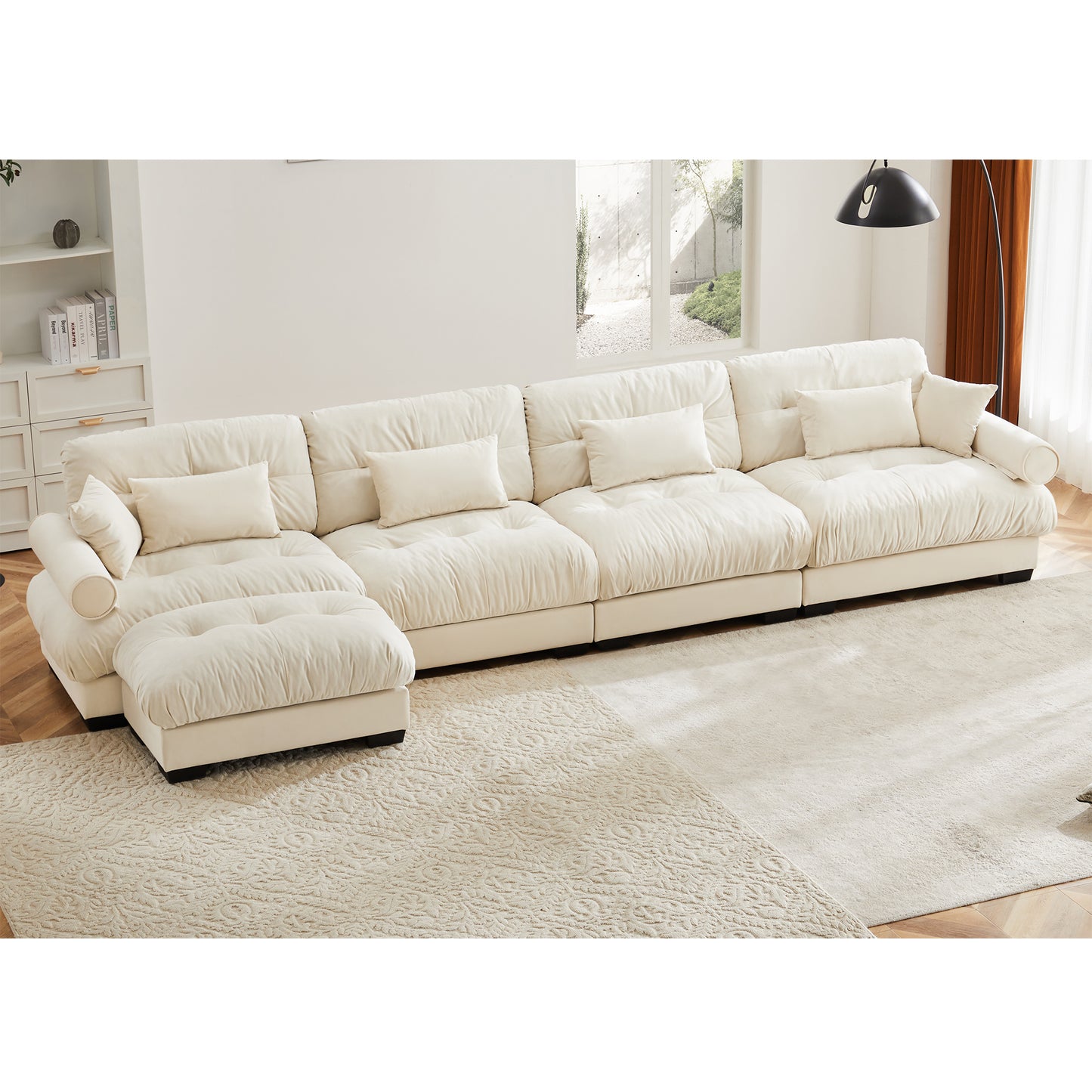 Deep Seat Cloud Couch in Cream: Modular Velvet Sectional with Bolstered Armrests 2-3-4 seats