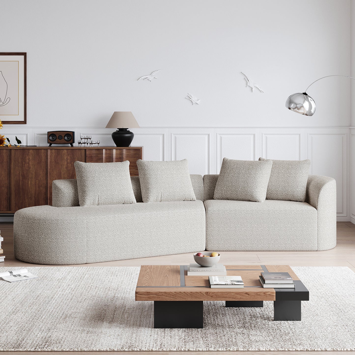 Extra Deep & Wide Seat Curved Cloud Couch with 4 Throw Pillows-3 Colors