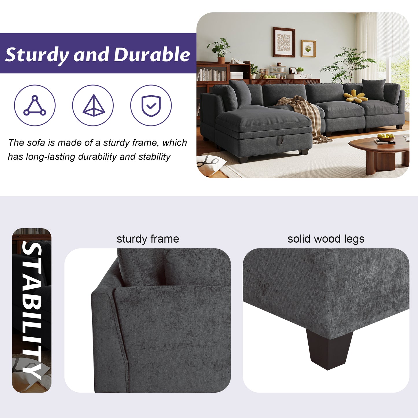 5-Seater Sectional Sofa - Upholstered, Storage Ottoman