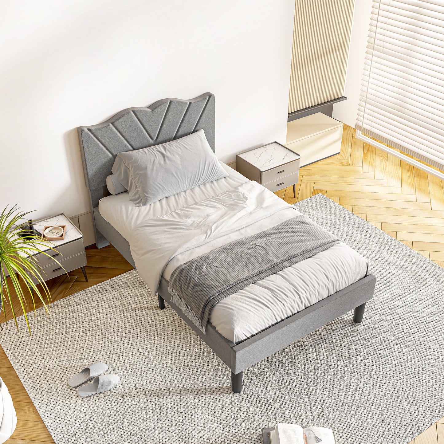 Modern Platform Bed Frame with Upholstered Headboard and Wooden Slats - Skip Box Spring, Easy Assembly