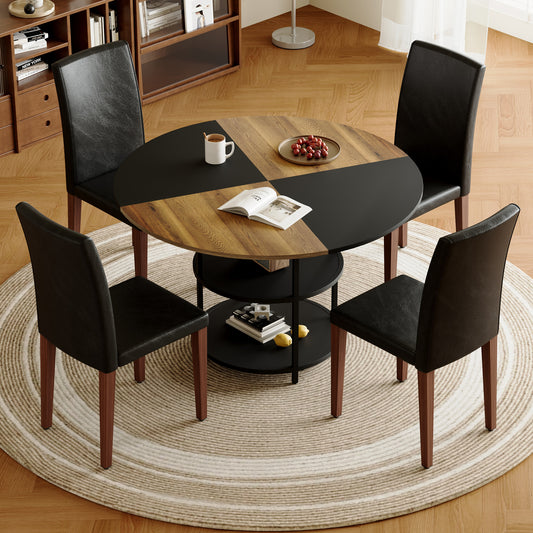 47.3 - Inch Spliced - Color Circular Dining Table Set: 4-6 Black PU Chairs, Double - Layer Storage