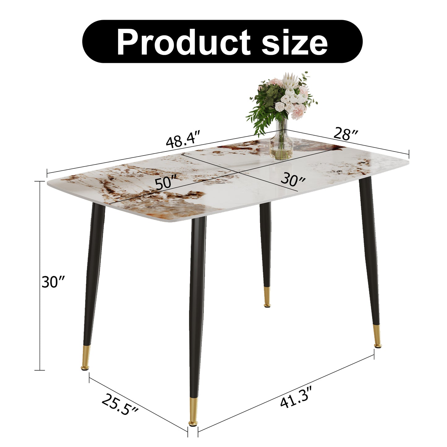 Modern minimalist dining table. A patterned SINTERED STONE tabletop with black metal legs