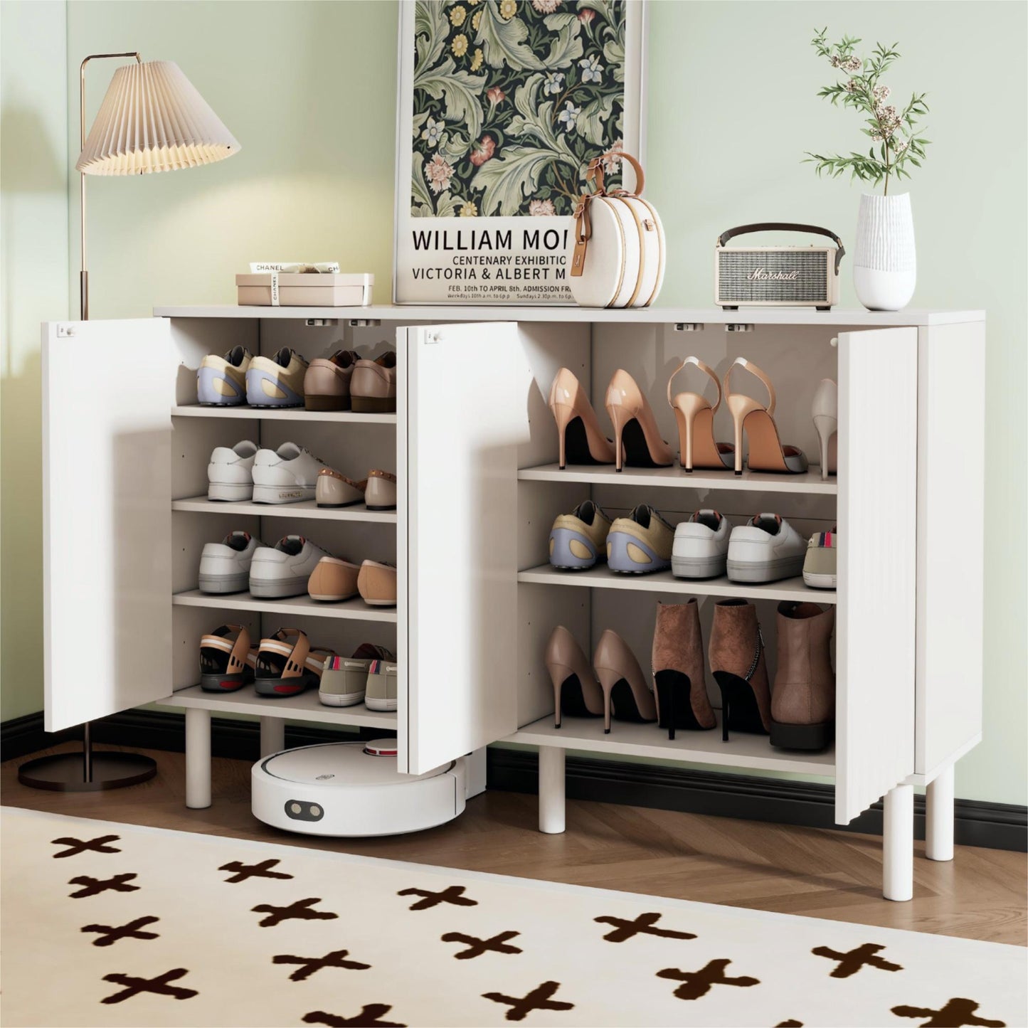 Shoe Cabinet with 5 Solid Wood Legs | Cream Style Sideboard Buffet Cabinet with Fluted Doors – Large 4-Door Storage Cabinet with Adjustable Shelves