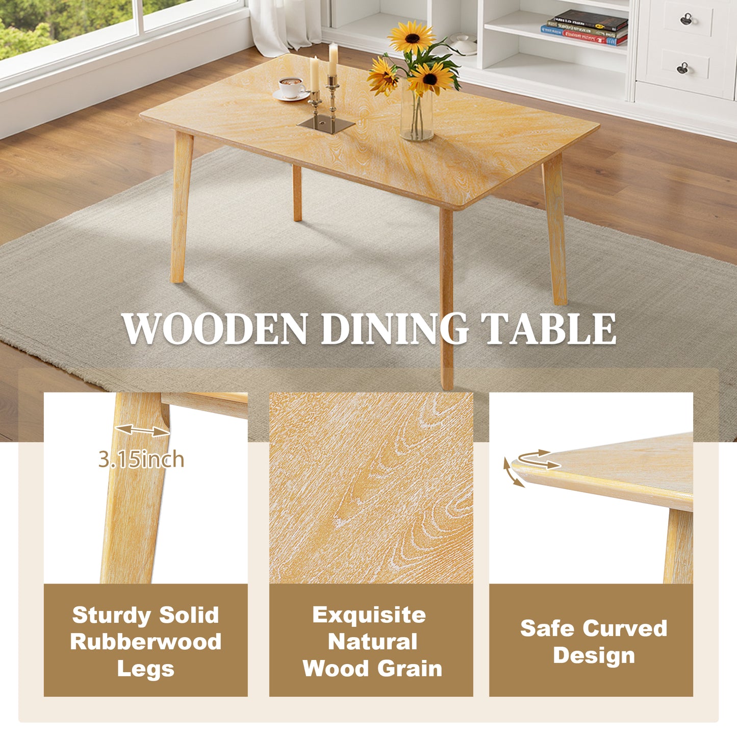 Dining Room Table Set, Rustic Farmhouse Dining Room Rectangular Table with 4 Upholstered Chairs and Bench, Solid Wood Kitchen Dining Table Set for 6 Persons