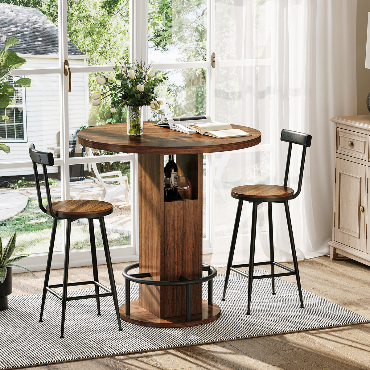 Bar Table and Stool Set – Round Bar Table with Two Stools, Compact Wooden Dining Bar with Metal Ring Footrest