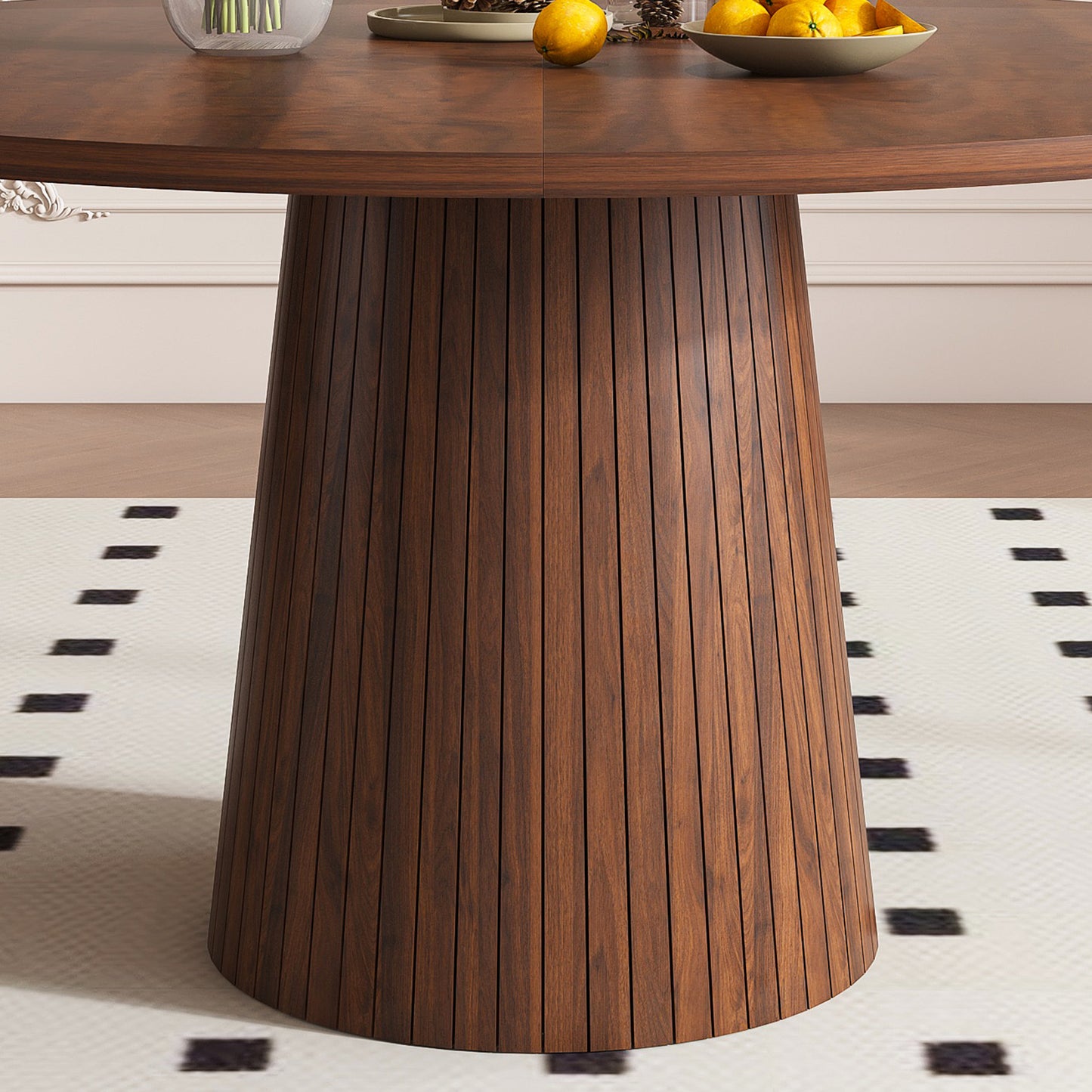 Round MDF Dining Table Modern Farmhouse Kitchen Table with Wood Strip Base