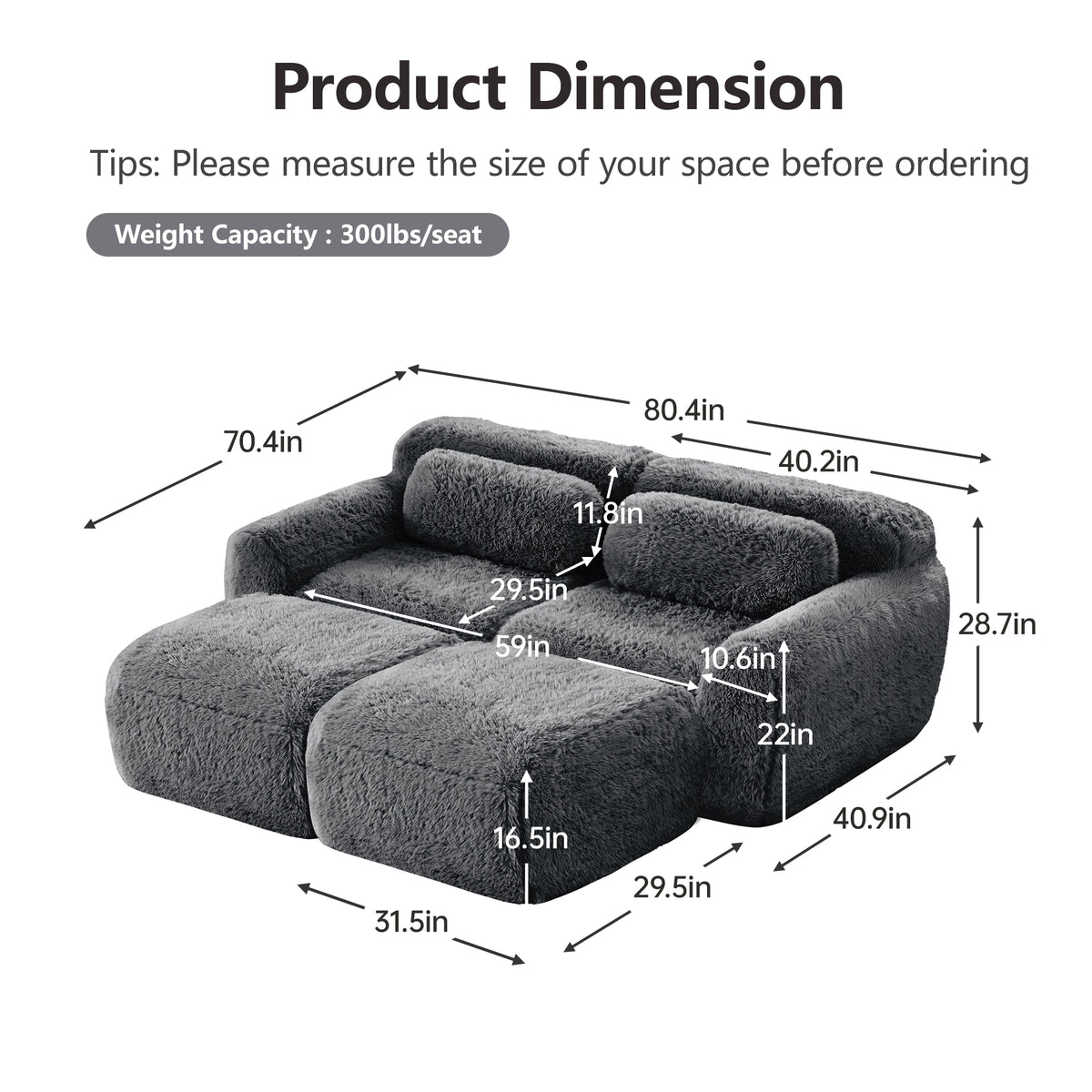 2-4 Seat Soft  Fluffy Plush Boneless Sofa – Modular Sectional with Throw Pillows, 32D High-Density Sponge, No Assembly, Anti-Slip Buckle Connection