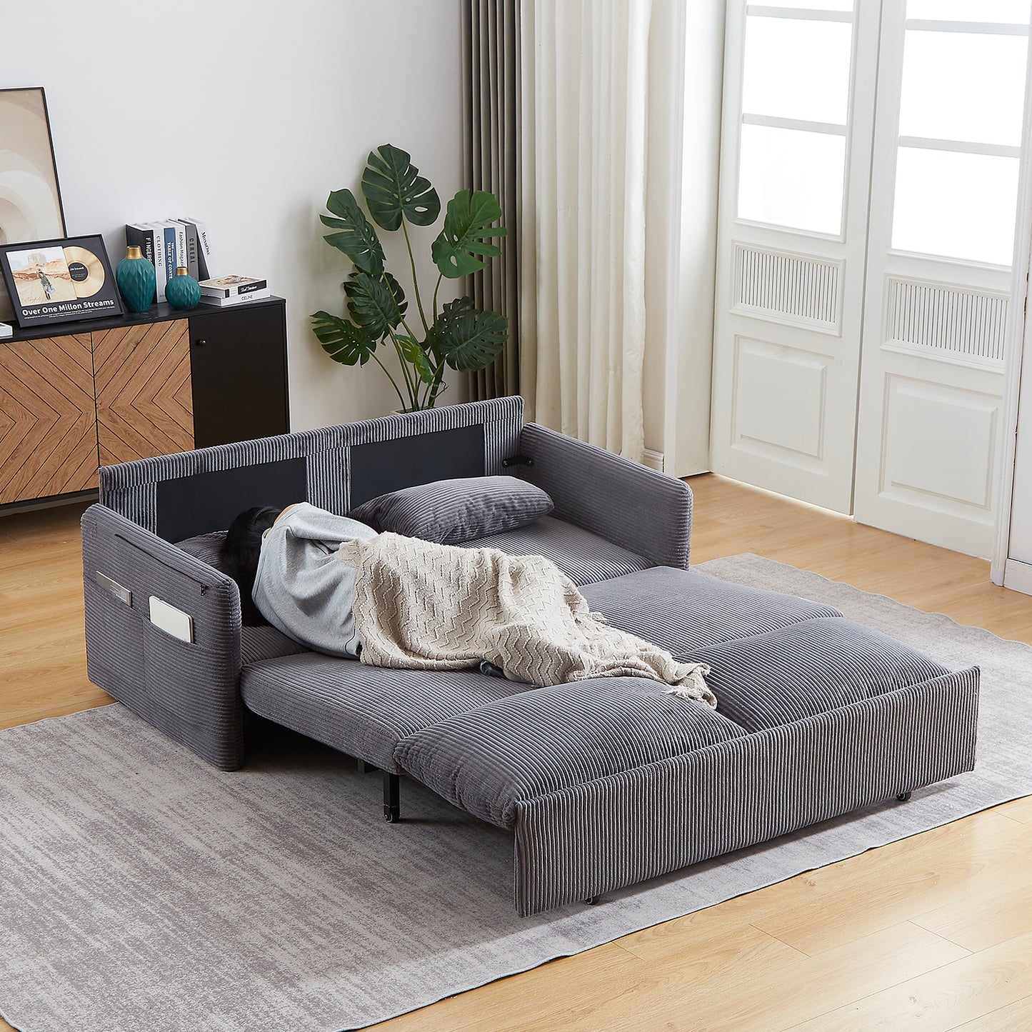 Sleeper Sofa Bed 3-in-1 Adjustable Sleeper with Pullout Bed, 2 Pillows and Side Pockets – Corduroy Loveseat