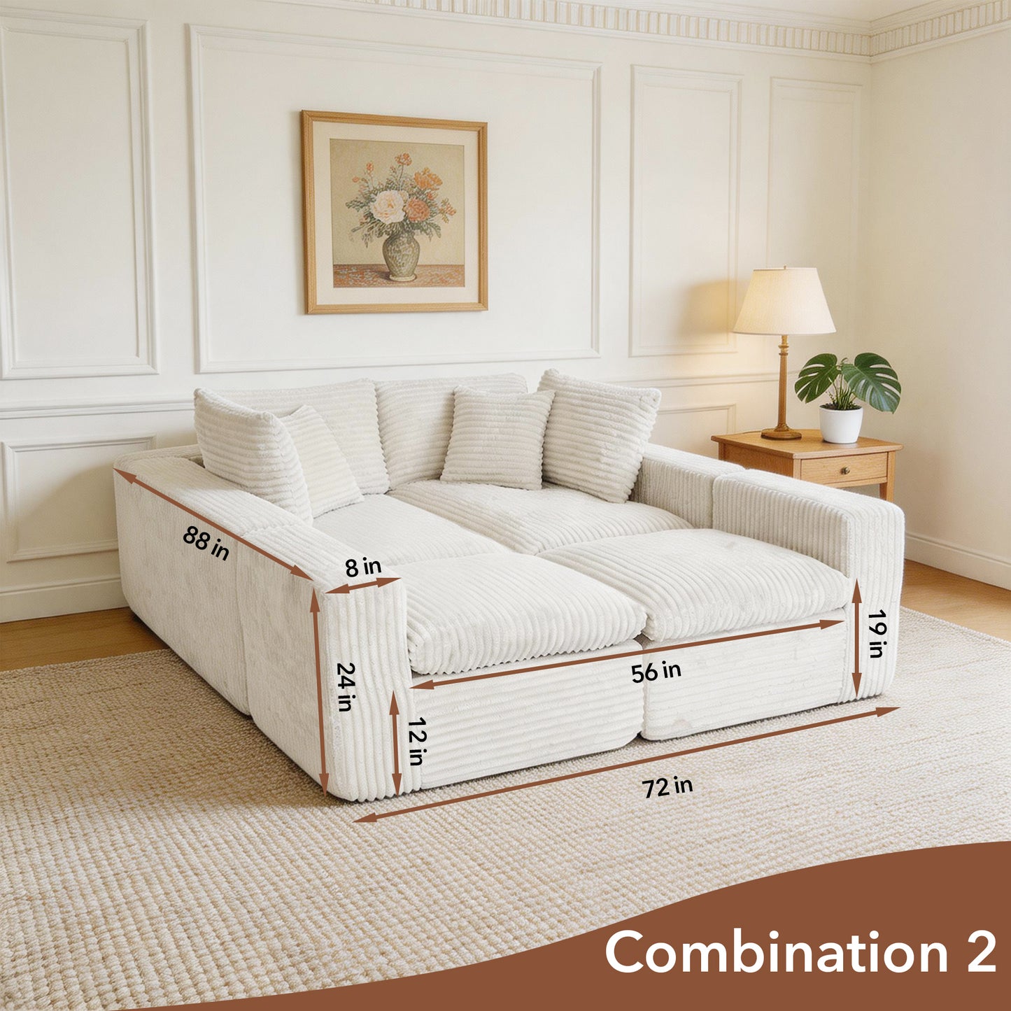 130" Modular U-Shaped Cloud Couch – No Assembly Memory Foam Sectional Sofa in Corduroy (Beige White)