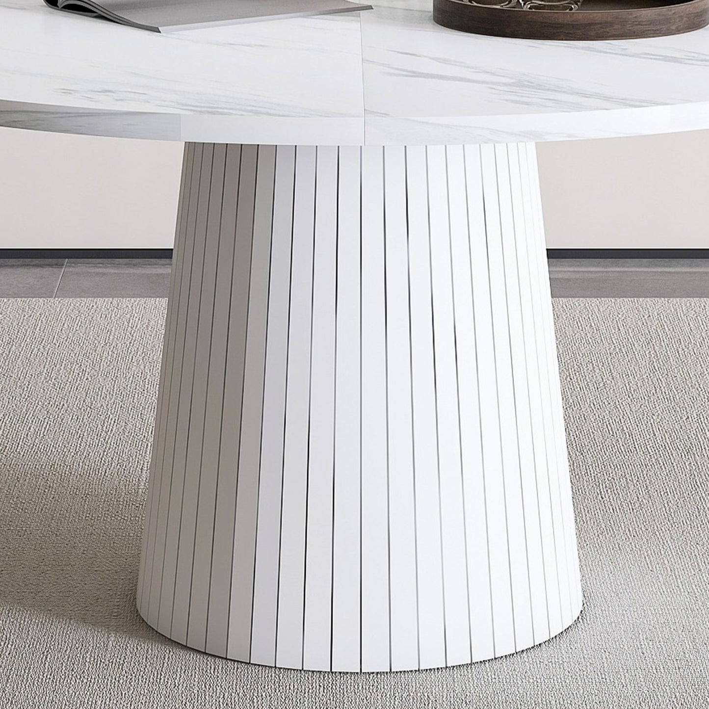 Round MDF Dining Table Modern Farmhouse Kitchen Table with Wood Strip Base