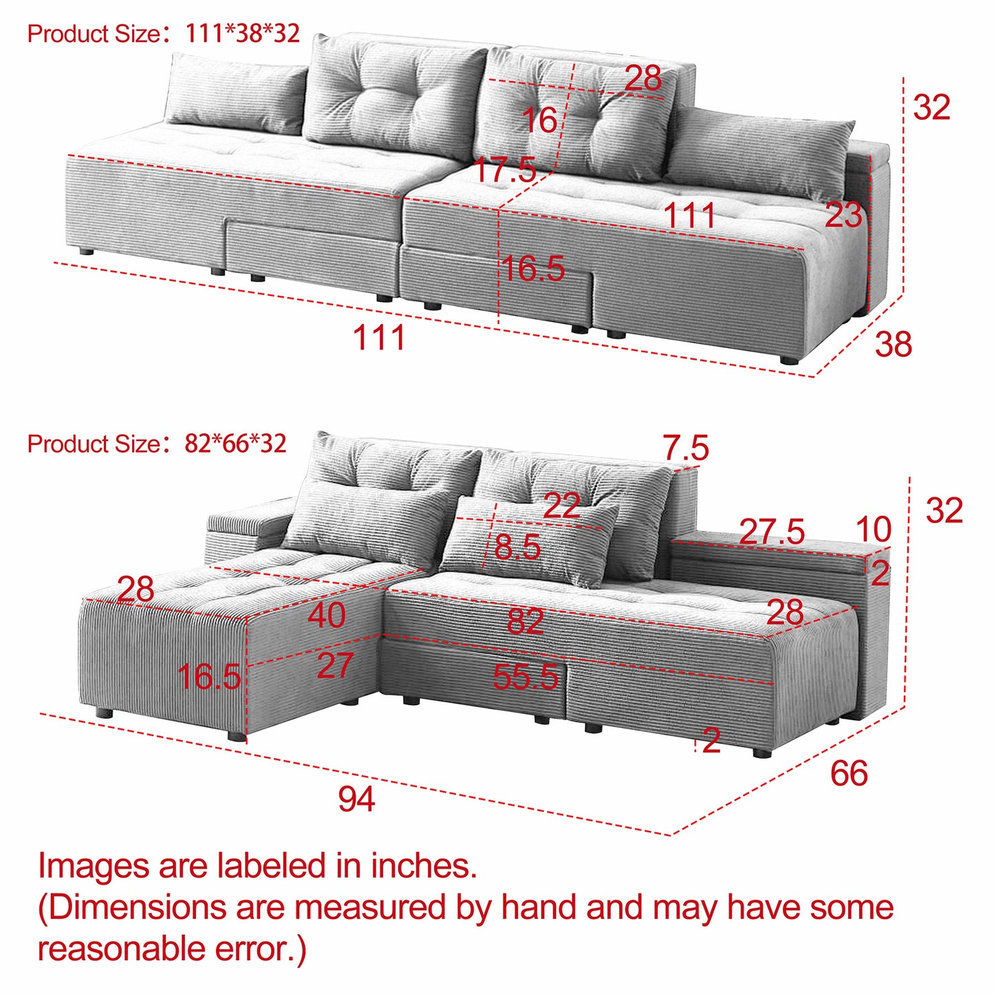 Corduroy Convertible 3 in 1 Sleeper Sofa and Sectional Sofa with 4 Storage Space With 4 pillows