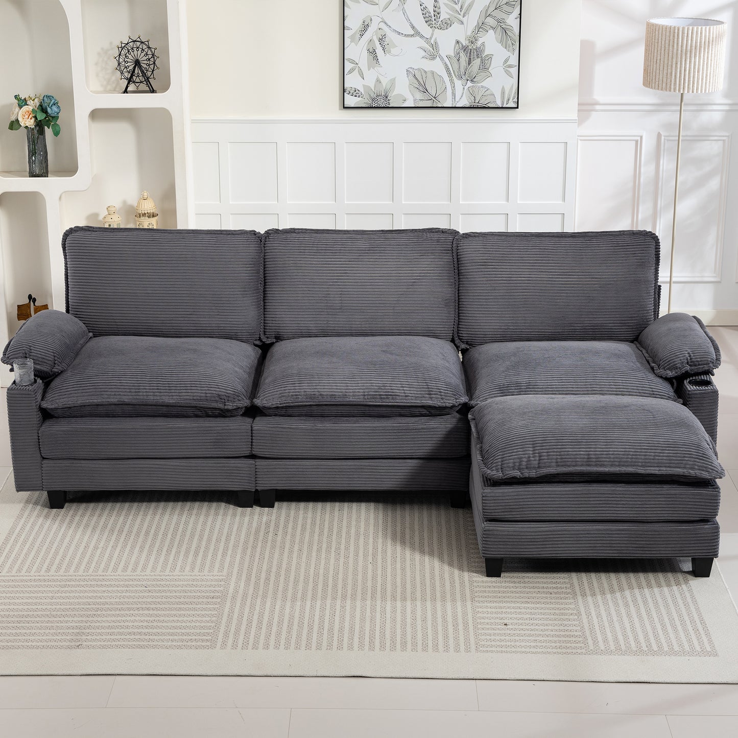 Modern 3+1 L-Shaped Corduroy Fabric Sofa – Modular Sectional Cloud Couch w/Ottoman, 35D Sponge, Cup Holders &amp; Storage