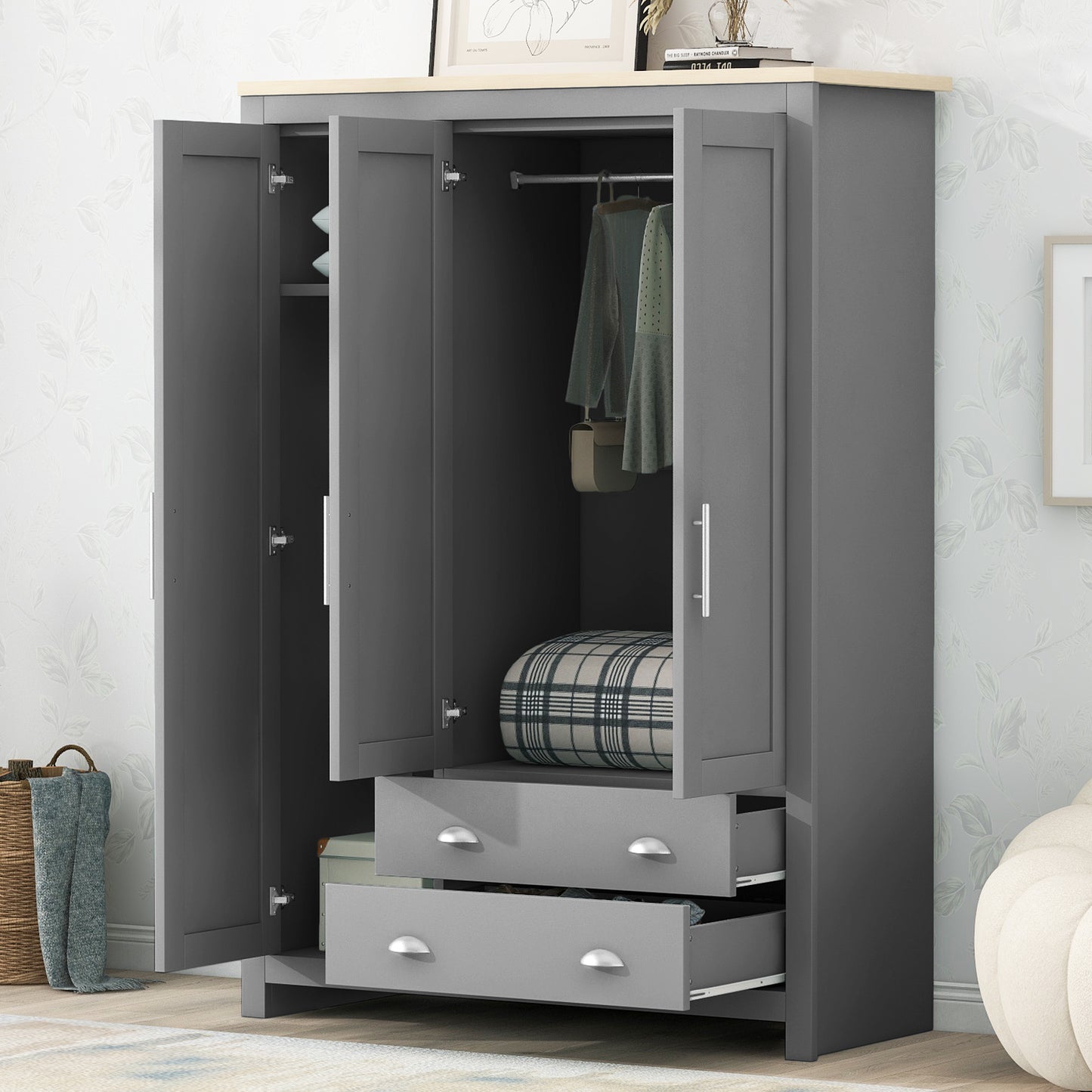 3 - Door Gray Storage Wardrobe: 2 Drawers, 2 Hanging Rods for Organized Storage