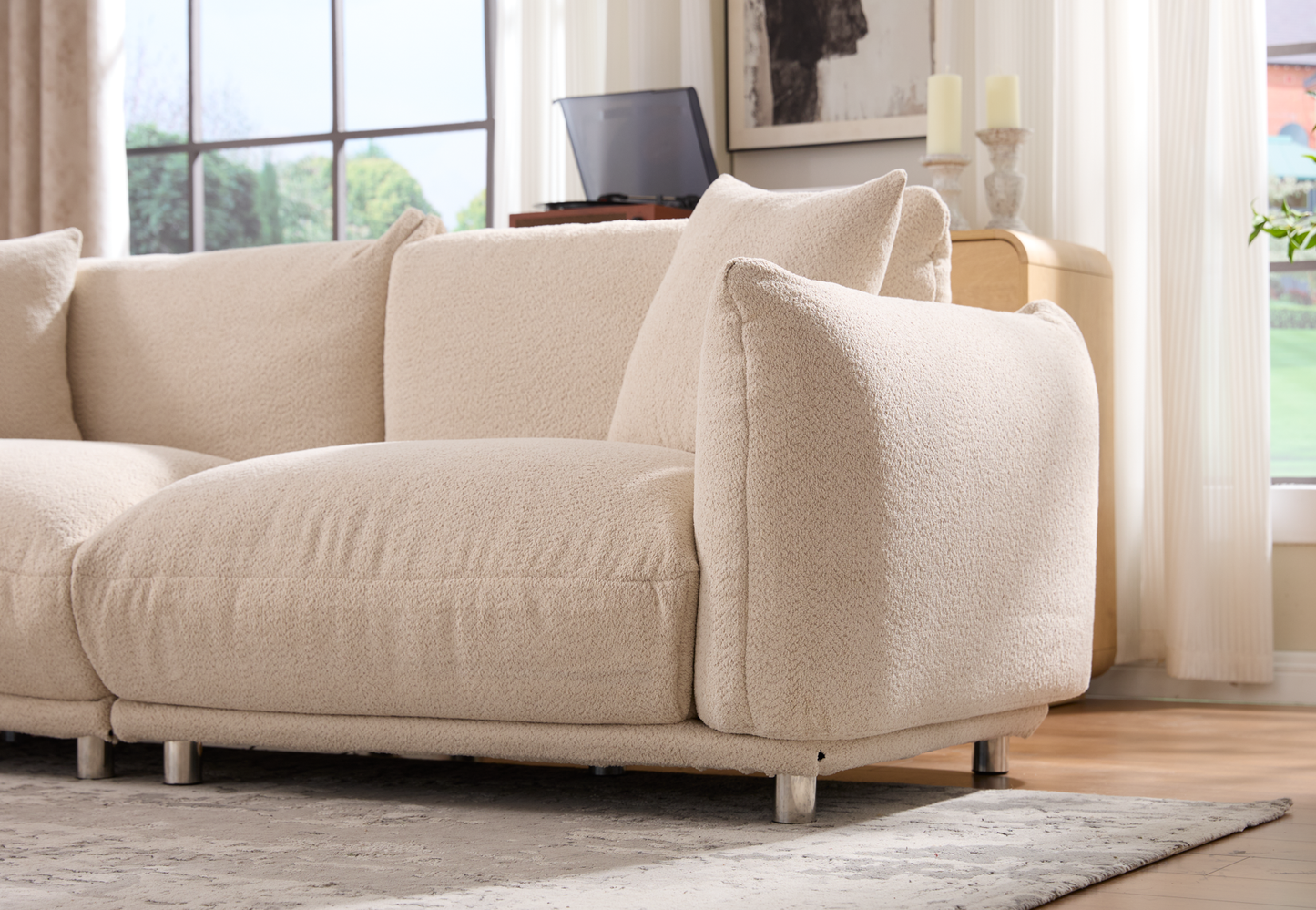 Upholstered 3-Seater Loveseat Sofa | Modern Boucle Couch with 2 Pillows – High-Density Foam, Solid Wood Frame, Metal Legs for Living Room, Apartment