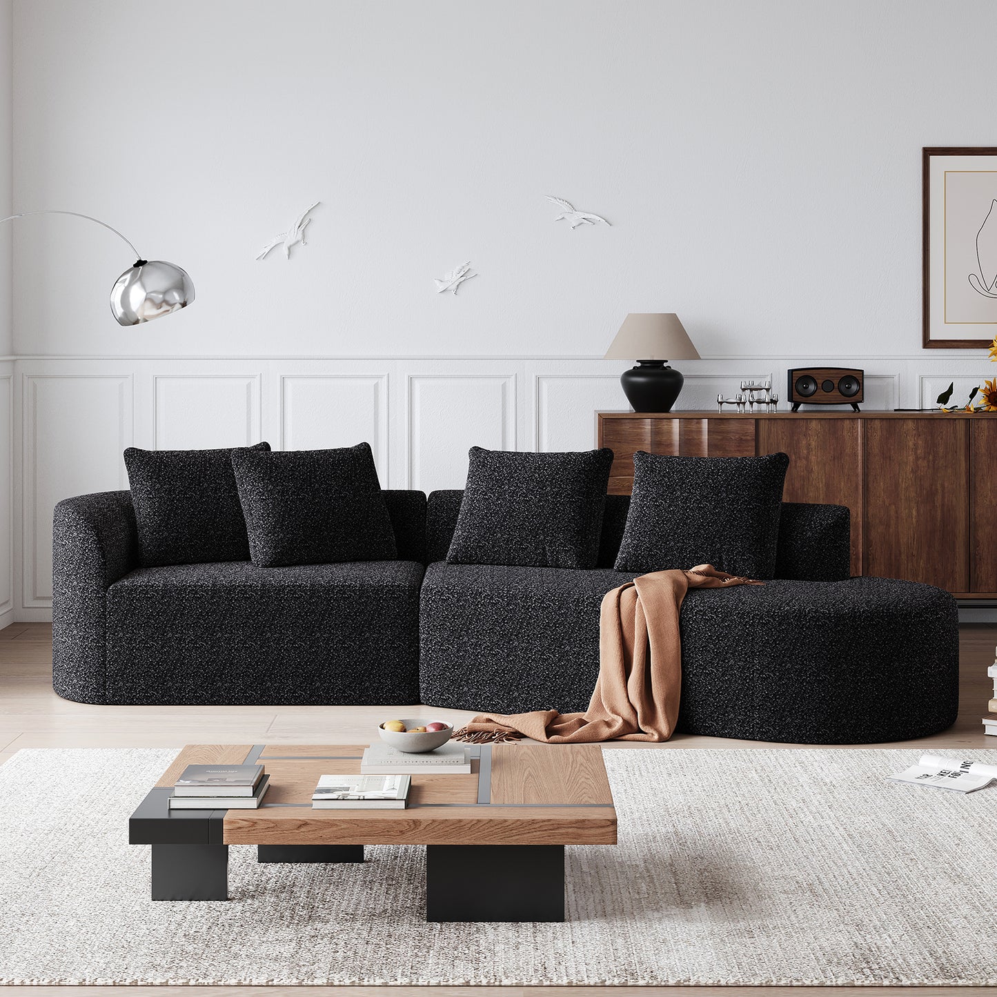 Extra Deep & Wide Seat Curved Cloud Couch with 4 Throw Pillows-3 Colors