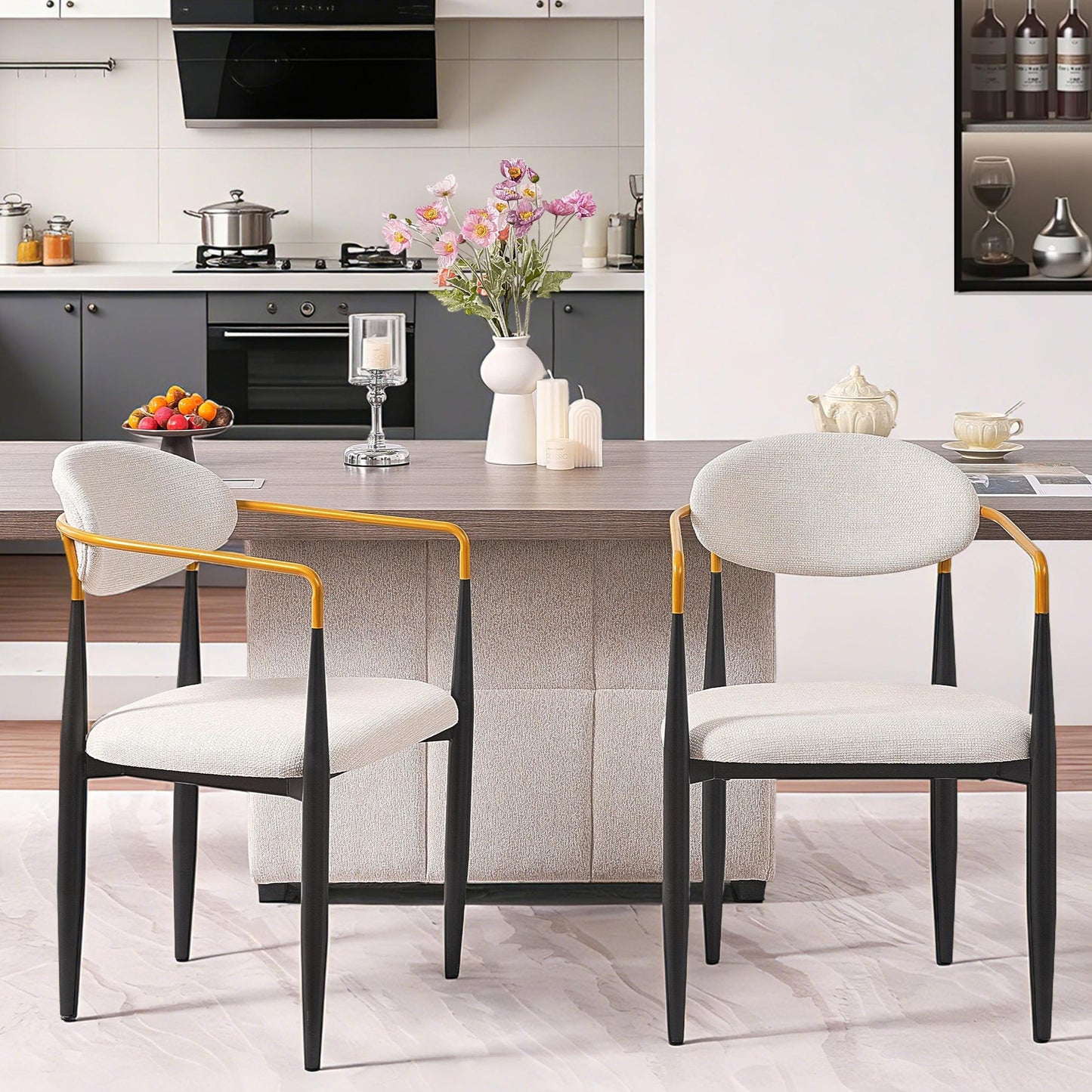 Modern Upholstered Dining Chair with Gold-Accented Armrests Set of 2