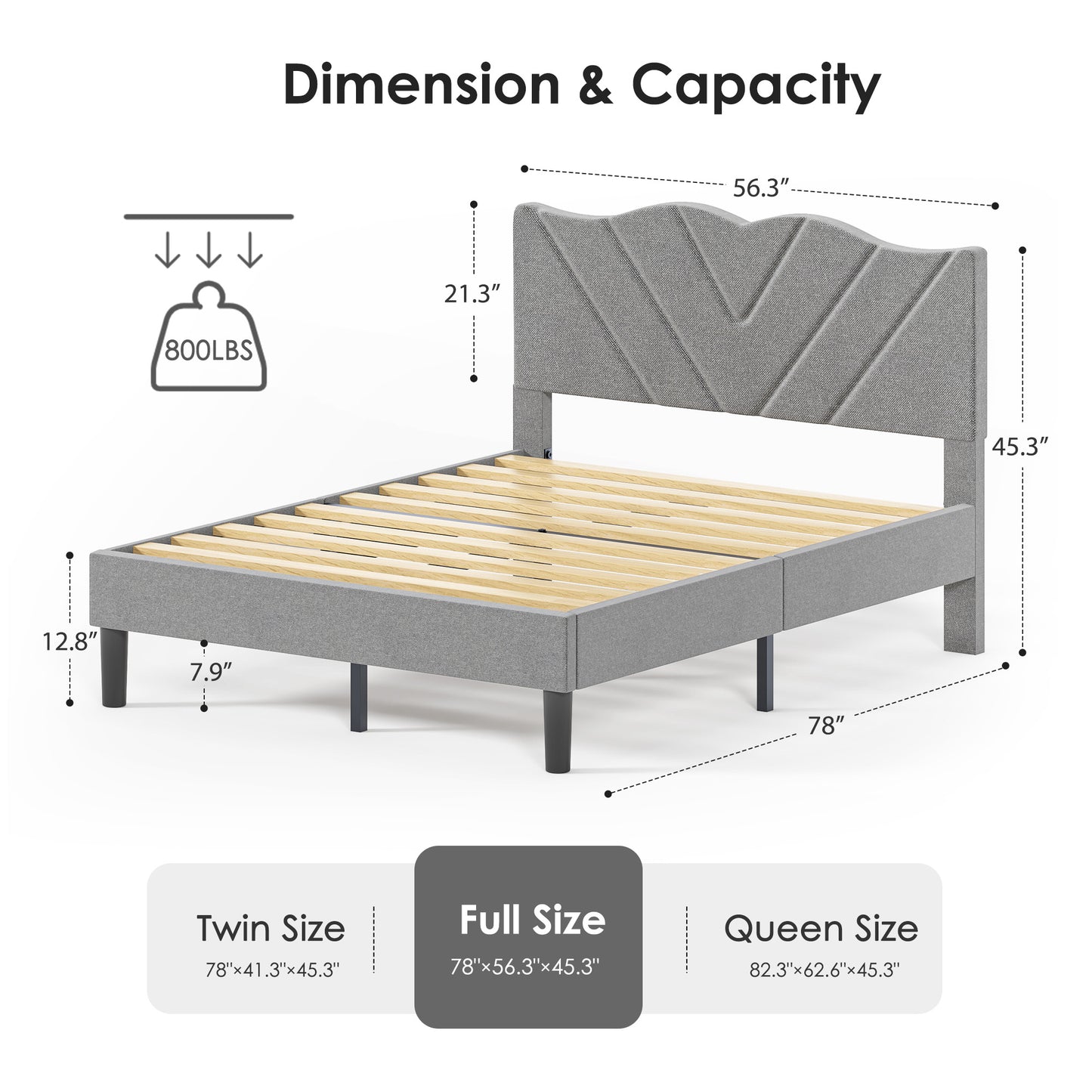 Modern Platform Bed Frame with Upholstered Headboard and Wooden Slats - Skip Box Spring, Easy Assembly