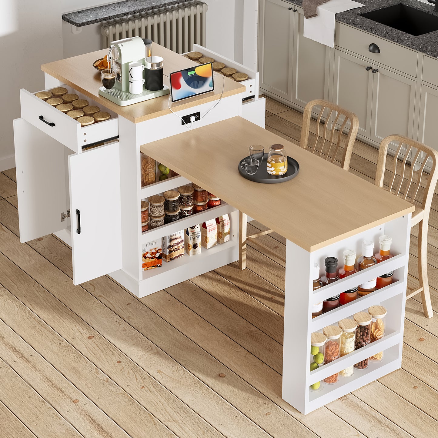 Extendable island console with drawers, double-door cabinet, and open shelving