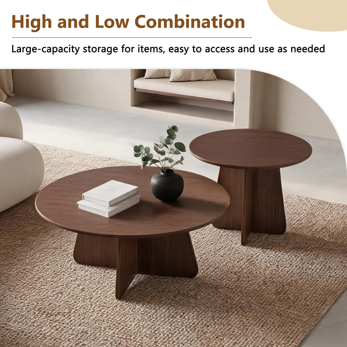 Retro-Style Nesting Coffee Table Set – Walnut or Natural Wood Finishes, Round Side Tables with Crisscross Legs