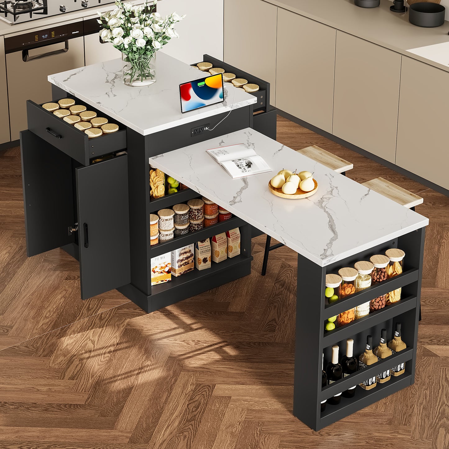 Extendable island console with drawers, double-door cabinet, and open shelving