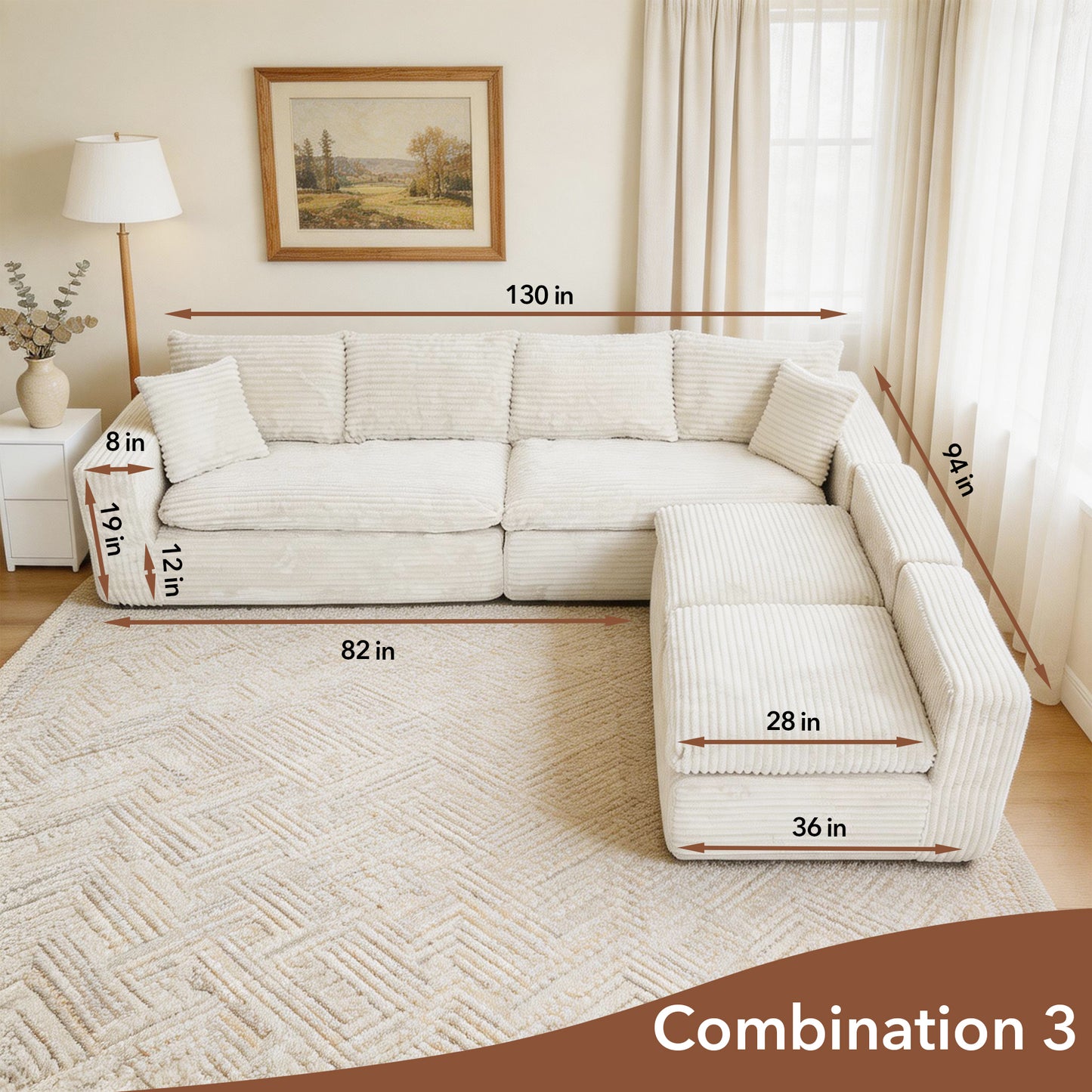 130" Modular U-Shaped Cloud Couch – No Assembly Memory Foam Sectional Sofa in Corduroy (Beige White)