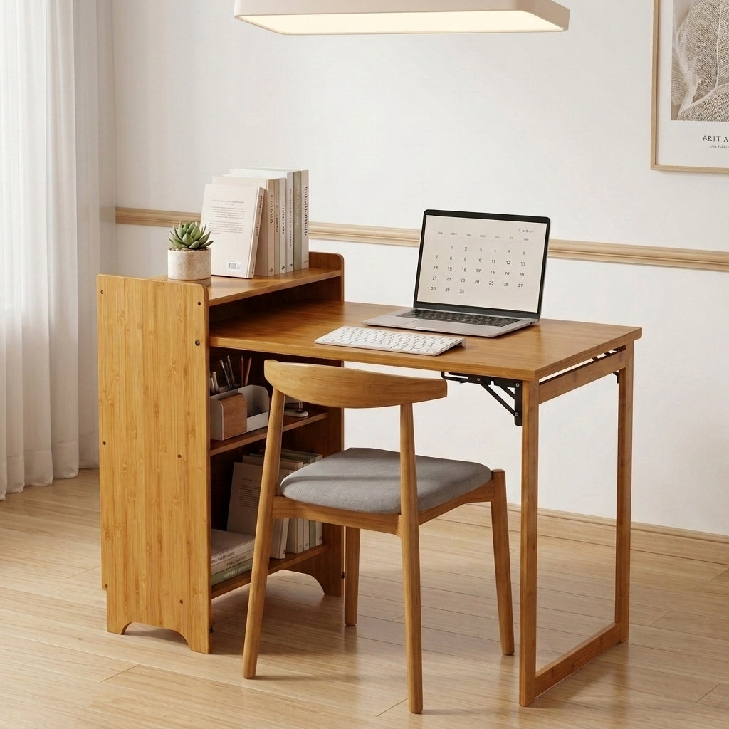 Foldable Desk Computer Desk with Hidden Storage for Small Space | Bamboo Folding Table – Natural/Walnut