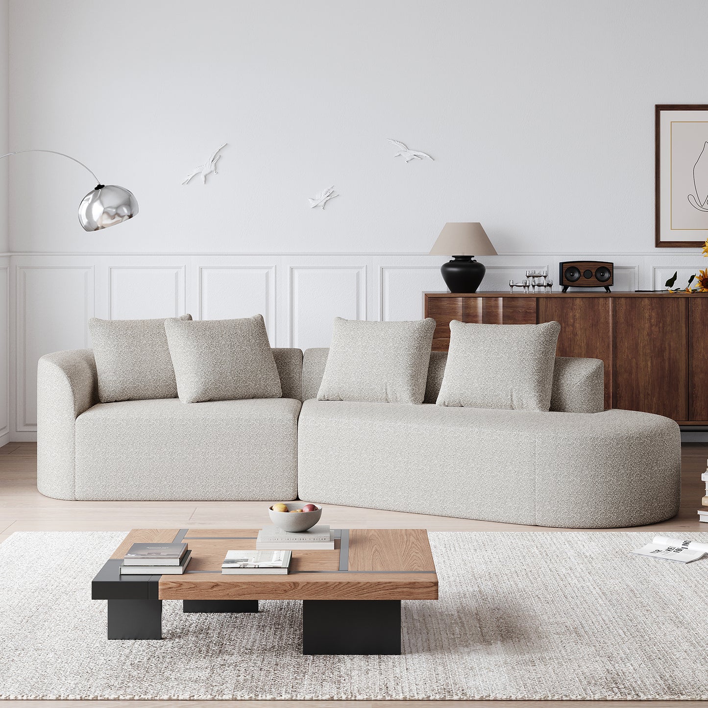 Extra Deep & Wide Seat Curved Cloud Couch with 4 Throw Pillows-3 Colors