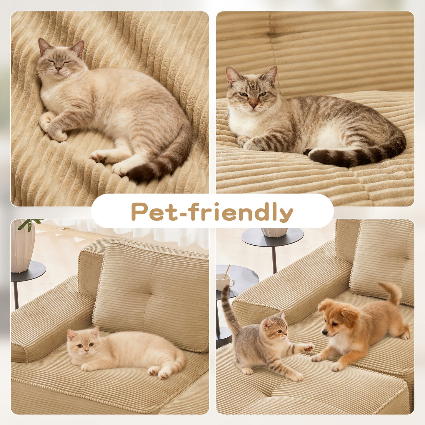 Modular Sectional Sofa for Living Room, Corduroy Fabric Deep Seat and Movable Ottoman, Pearl-like piping, Tufted Design, No Assembly