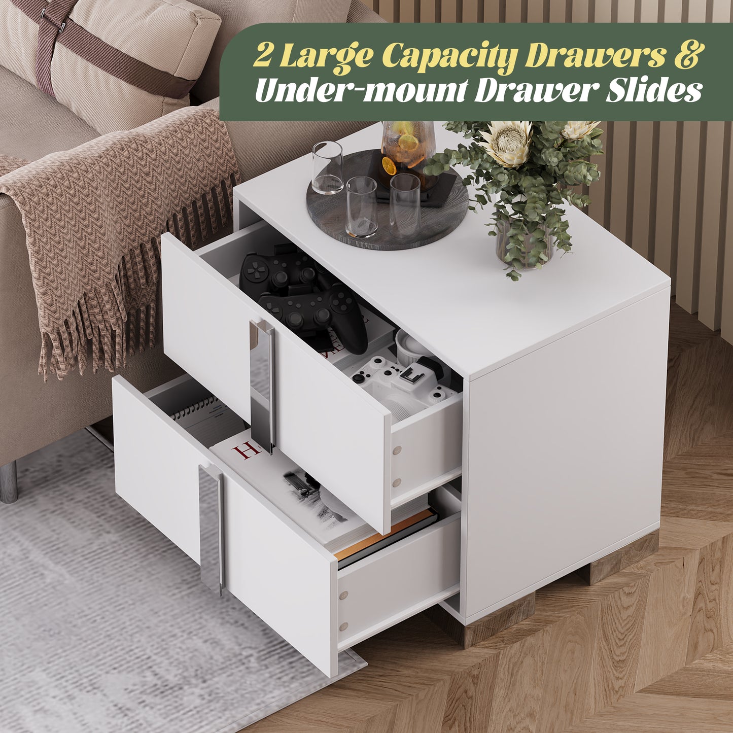 Nightstand with Metal Foot &amp; Mirrored Metal Handles | 2-Drawer Wood Bedside Table – White/Grey/Black, Silent Slides
