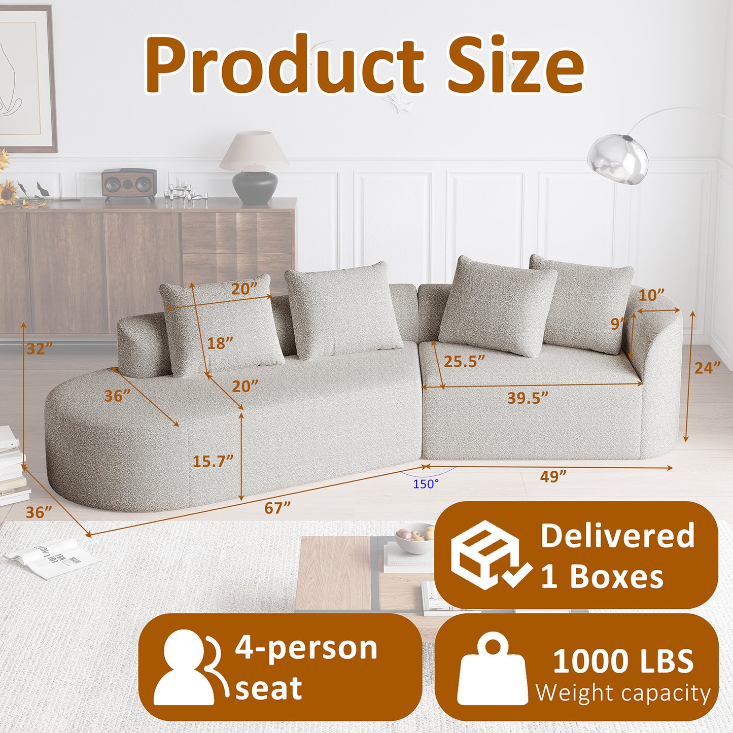 Extra Deep & Wide Seat Curved Cloud Couch with 4 Throw Pillows-3 Colors