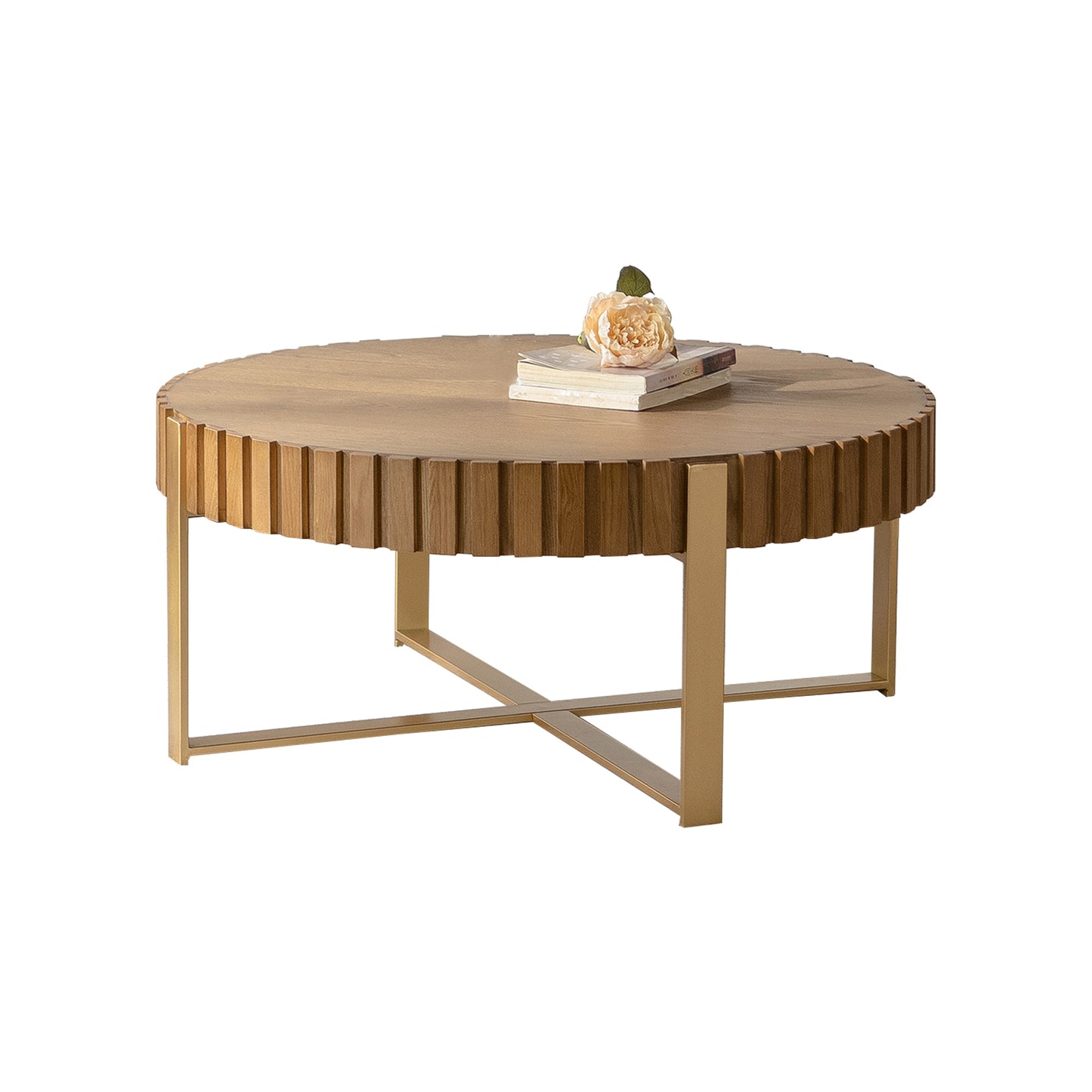 Round Coffee Table Handcrafted Relief Sturdy Pedestal Wooden Olive-Shaped Tea Table for Living Room