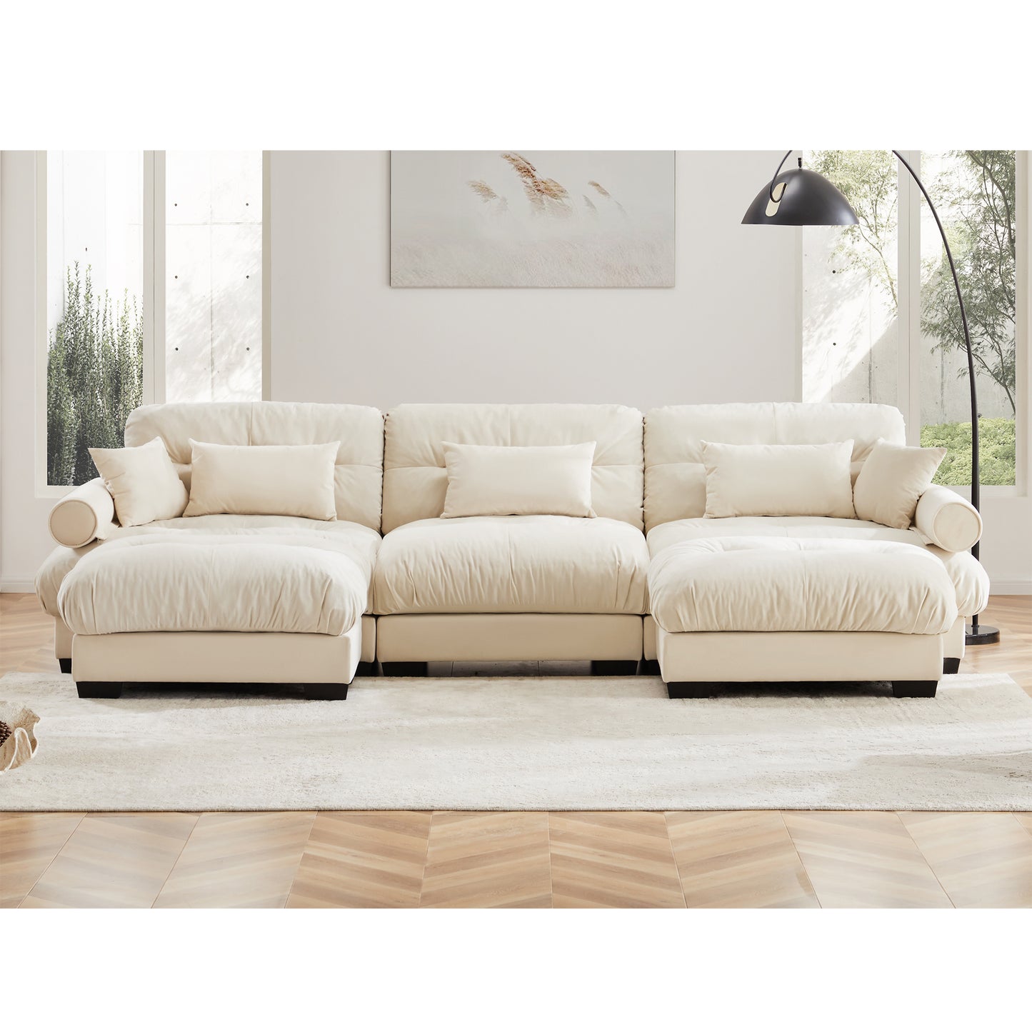 Deep Seat Cloud Couch in Cream: Modular Velvet Sectional with Bolstered Armrests 2-3-4 seats