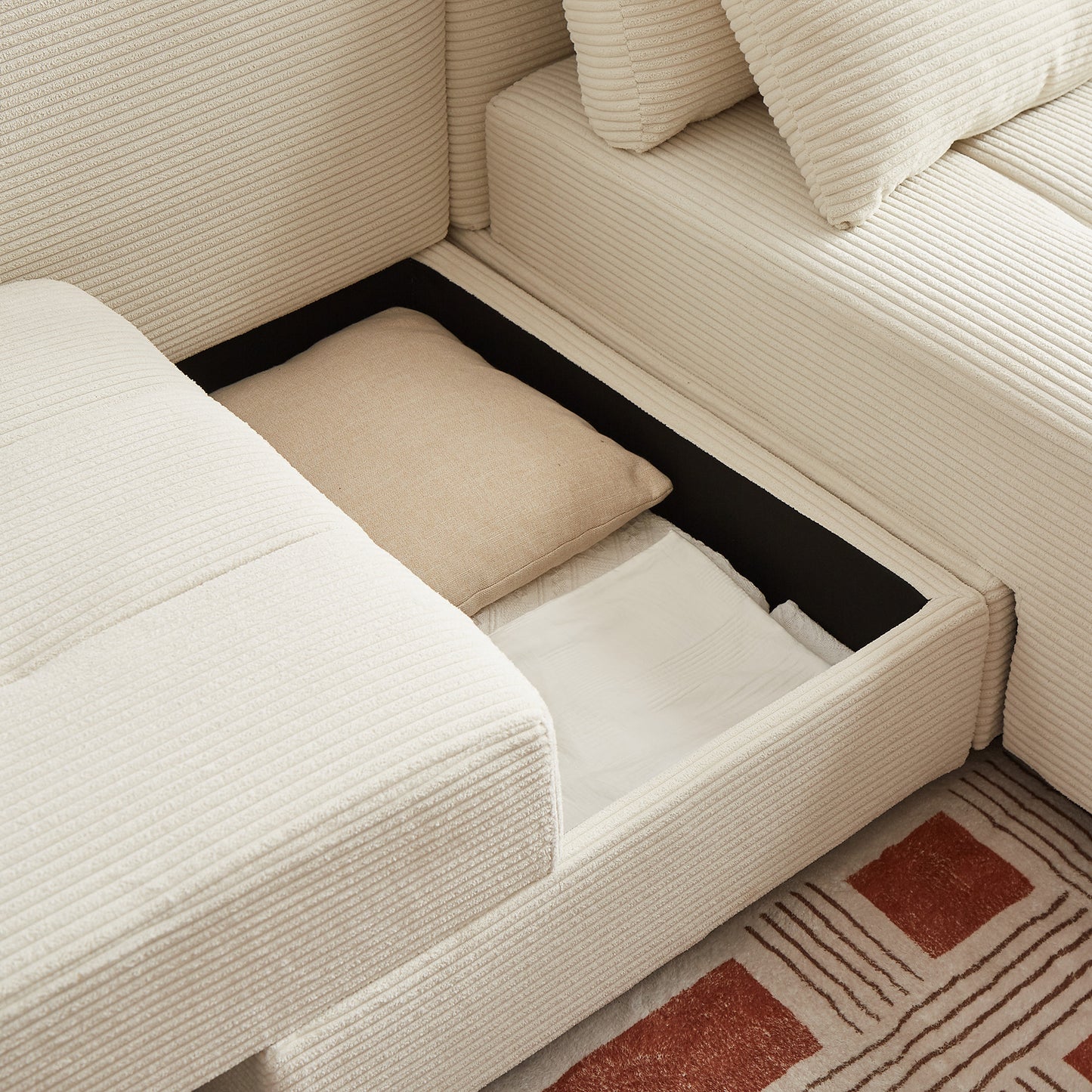 Corduroy Convertible 3 in 1 Sleeper Sofa and Sectional Sofa with 4 Storage Space With 4 pillows