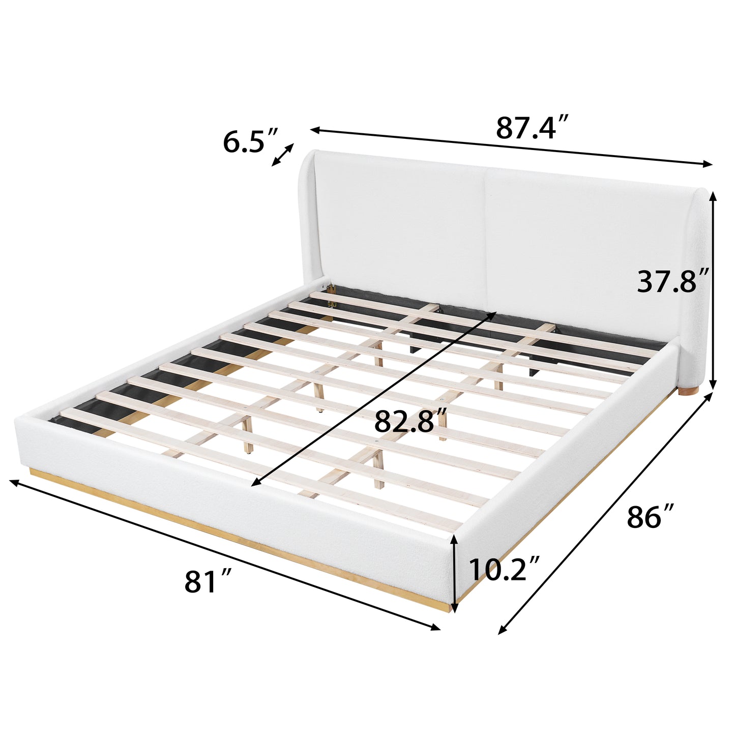 Modern White Bouclé Winged Bed Frame with Enclosed Wood Base