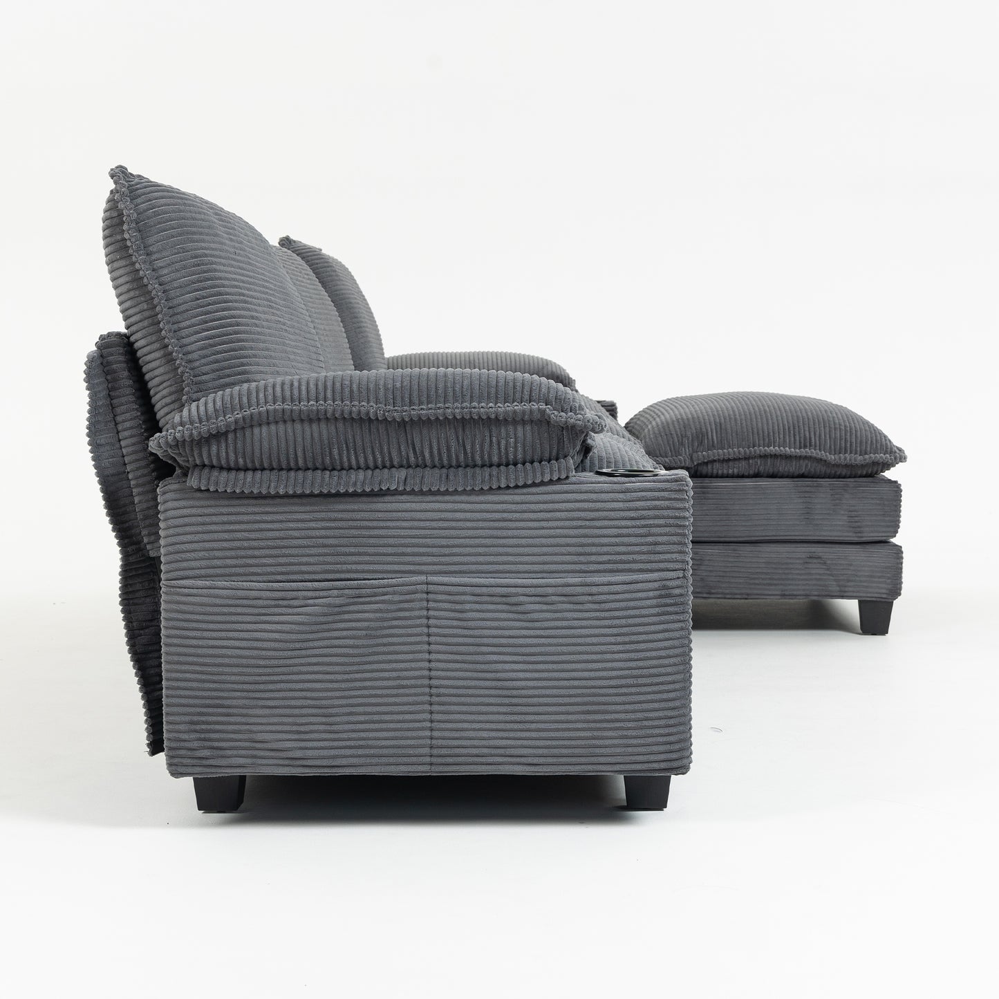 Modern 3+1 L-Shaped Corduroy Fabric Sofa – Modular Sectional Cloud Couch w/Ottoman, 35D Sponge, Cup Holders &amp; Storage
