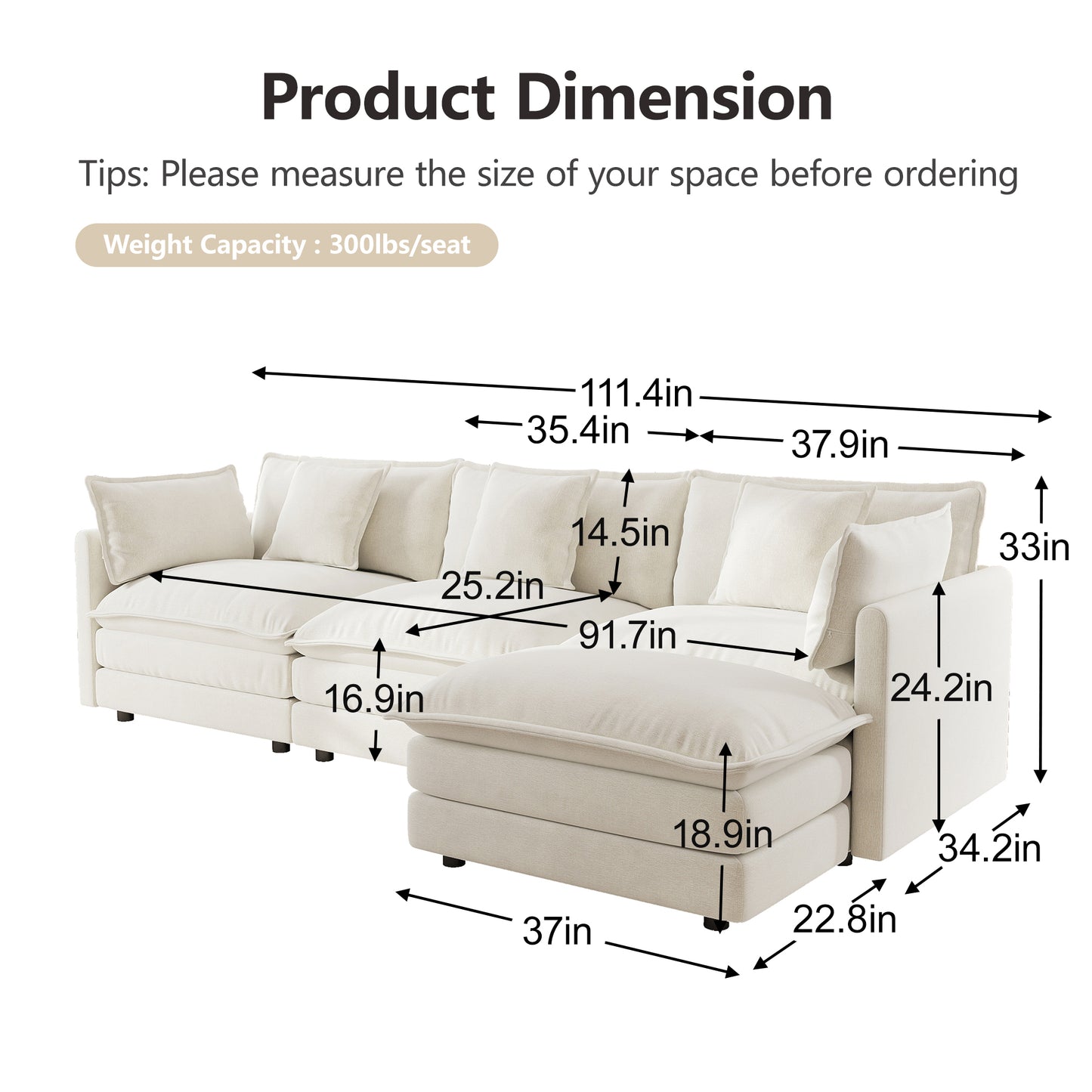 Sectional Sofa with Reversible Footrest – 2-4 Seater Convertible Corner Couch with 1-2 Ottomans, Modern Minimalist Chenille Sofa