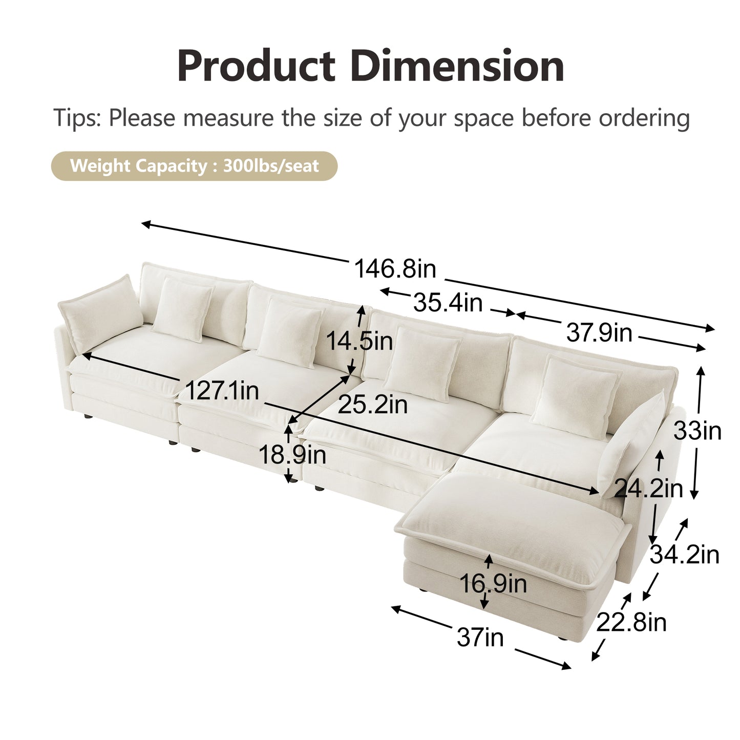 Sectional Sofa with Reversible Footrest – 2-4 Seater Convertible Corner Couch with 1-2 Ottomans, Modern Minimalist Chenille Sofa