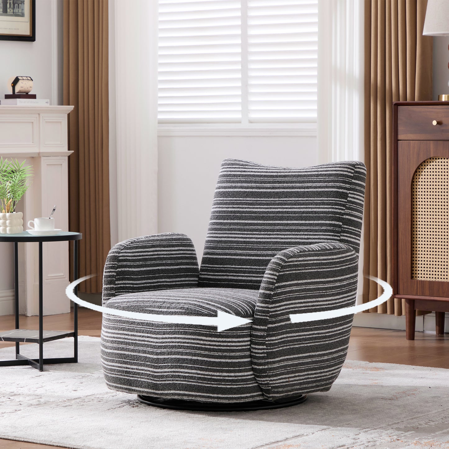 Swivel Leisure Chair | Fabric Striped Armrest Swivel Chair with Sand-Rimmed Fabric Metal Bracket – Boucle