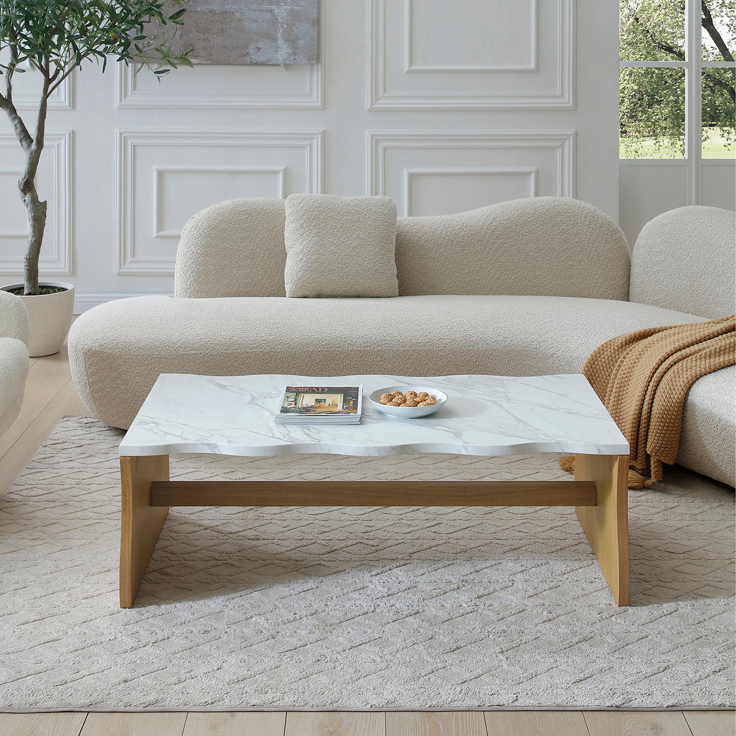 Modern Faux Marble Coffee Table  End Table Set | White Marble Top, Solid Wood Veneered Base – Flowing Wave Design, Natural/Walnut