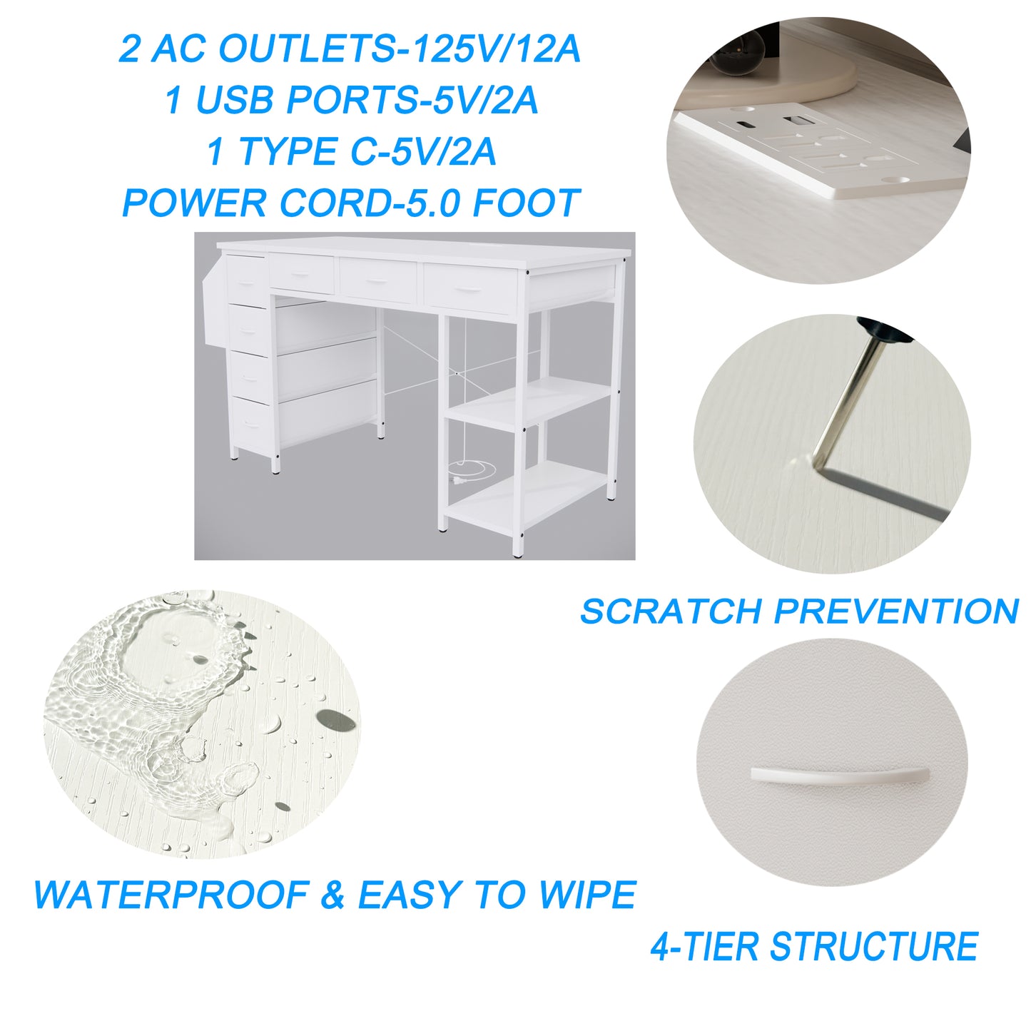 47" Computer Desk With Power Outlet,Writing Desk,Home Office desk,Vanity table with 7 Fabric Drawers, Large Side Pocket