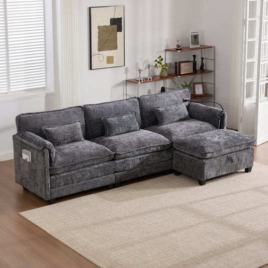 Modern Chenille L Shaped Couch, Comfy Boucle Modular Sofa Sleeper with Movable Storage Ottoman, Phone Holder, USB Charging Port