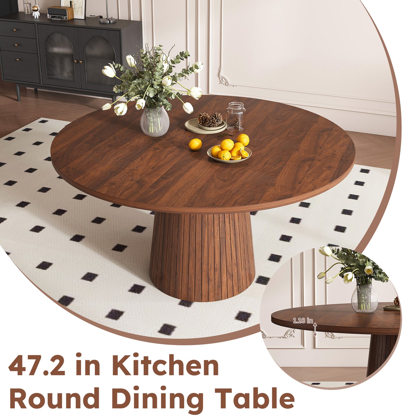 Modern Farmhouse Kitchen Table with Wood Strip Base, Marble Veneer Circle Dinner Table for Kitchen