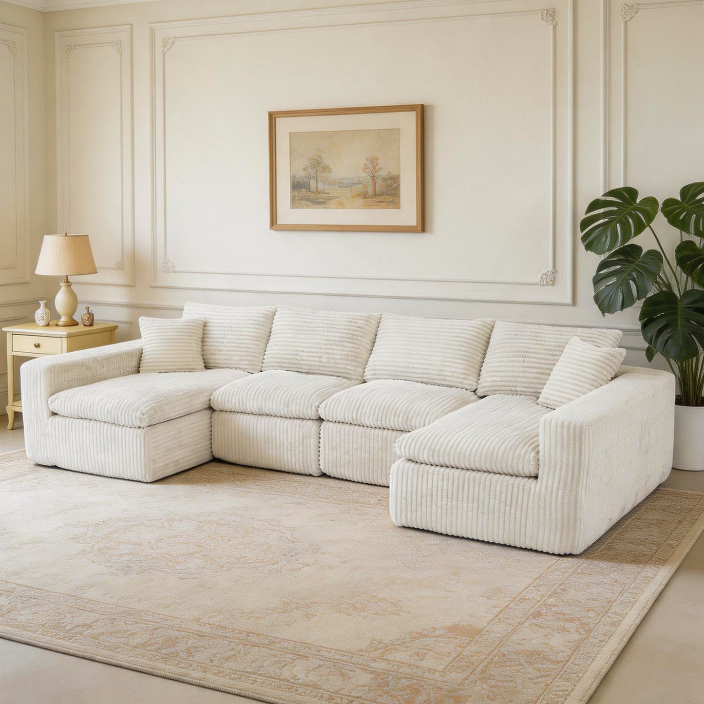 130" Modular U-Shaped Cloud Couch – No Assembly Memory Foam Sectional Sofa in Corduroy (Beige White)