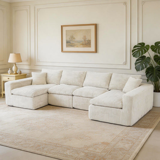 130" Modular U-Shaped Cloud Couch – No Assembly Memory Foam Sectional Sofa in Corduroy (Beige White)