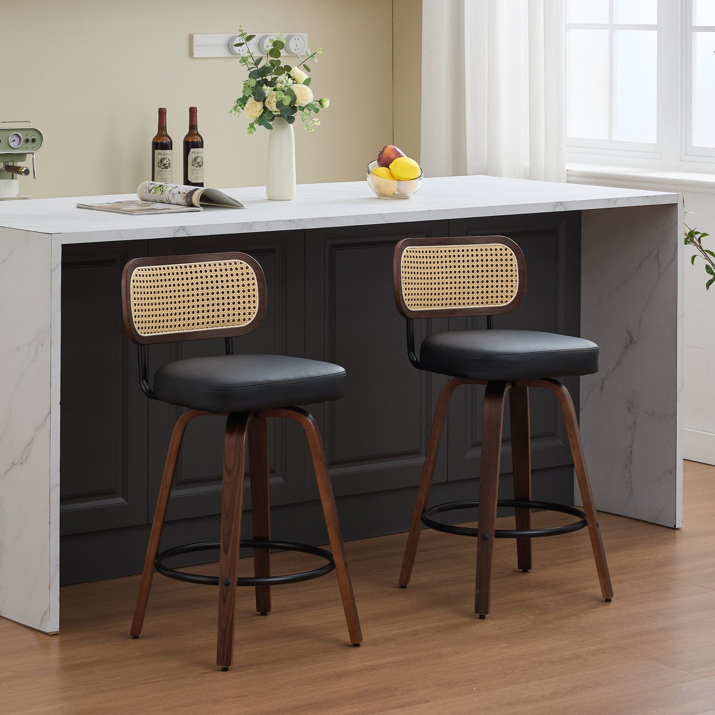 Counter Height Bar Stools with Cane Back, Upholstered Seat Swivel Counter Stools for Island/Kitchen/Counter/Bar