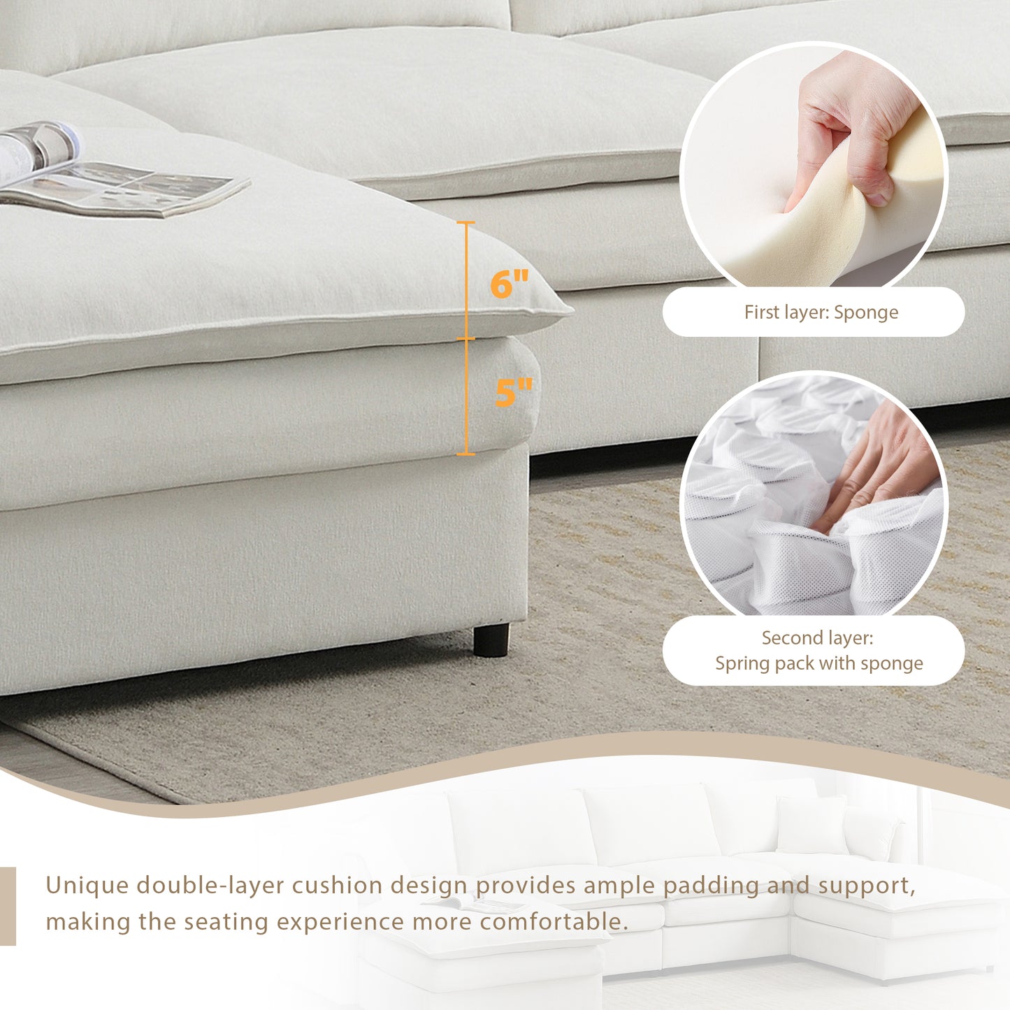 134" Chenille Modular U - Shaped Sectional: Double - Cushioned Cloud Couch, 6 - Seat Sleeper with Ottomans for Living Room