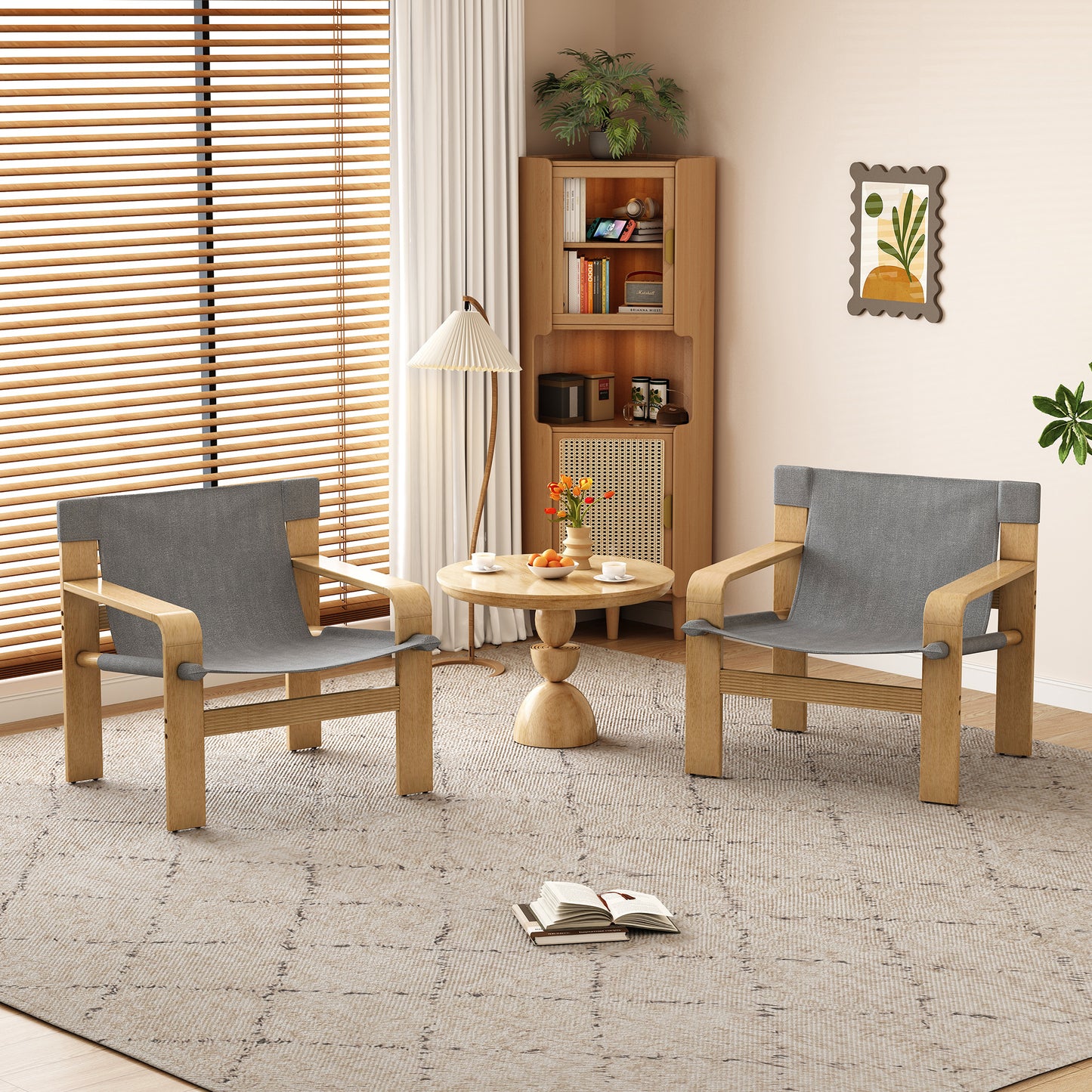 Detachable Washable Oak Accent Chair | Linen Fabric, Solid Wood Frame – Lounge Chair for Living Room, Bedroom, Office (Light Grey/Dark Grey)